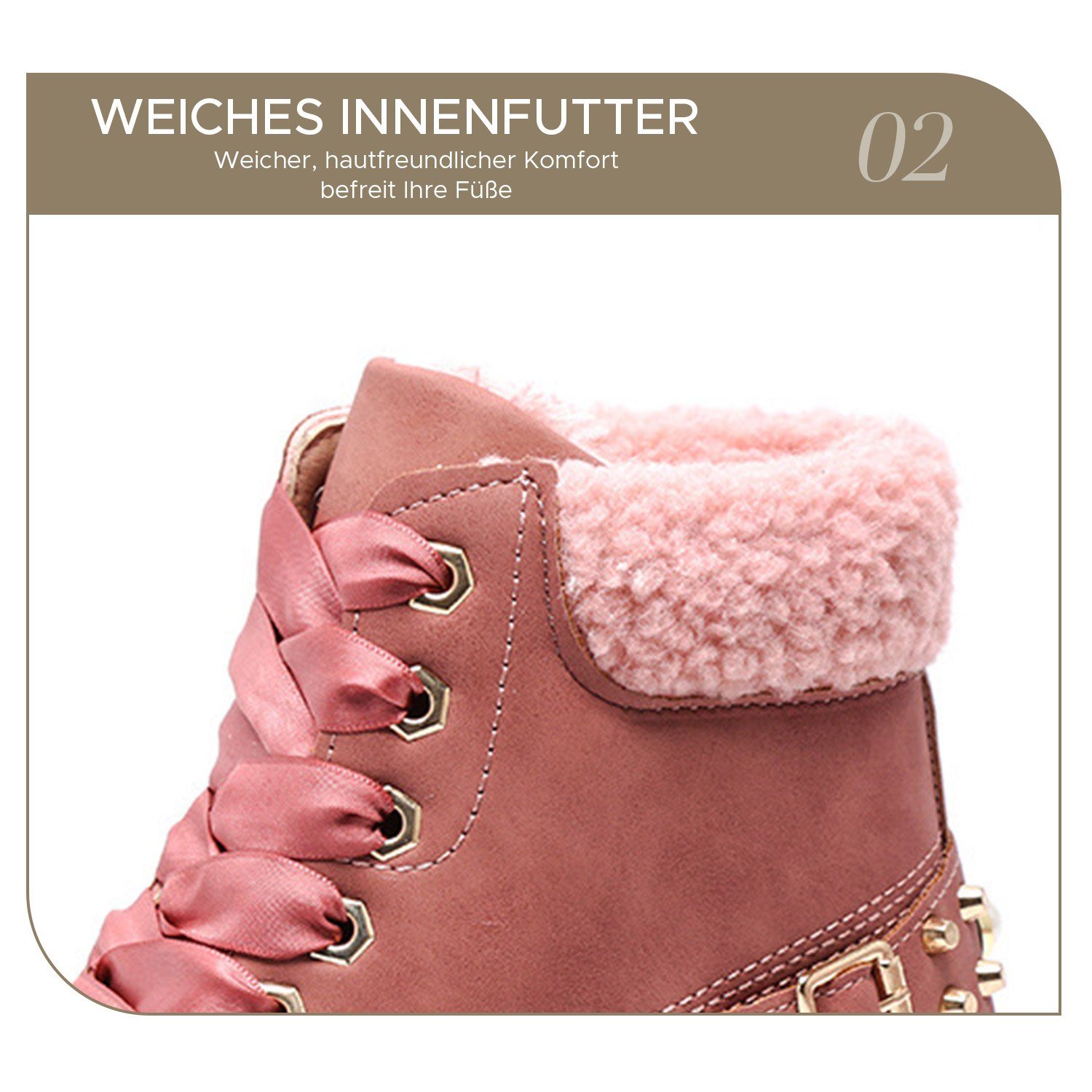 Daisred Stiefeletten Damen Gefüttert Rosa Snowboots Schnürstiefel Winterschuhe