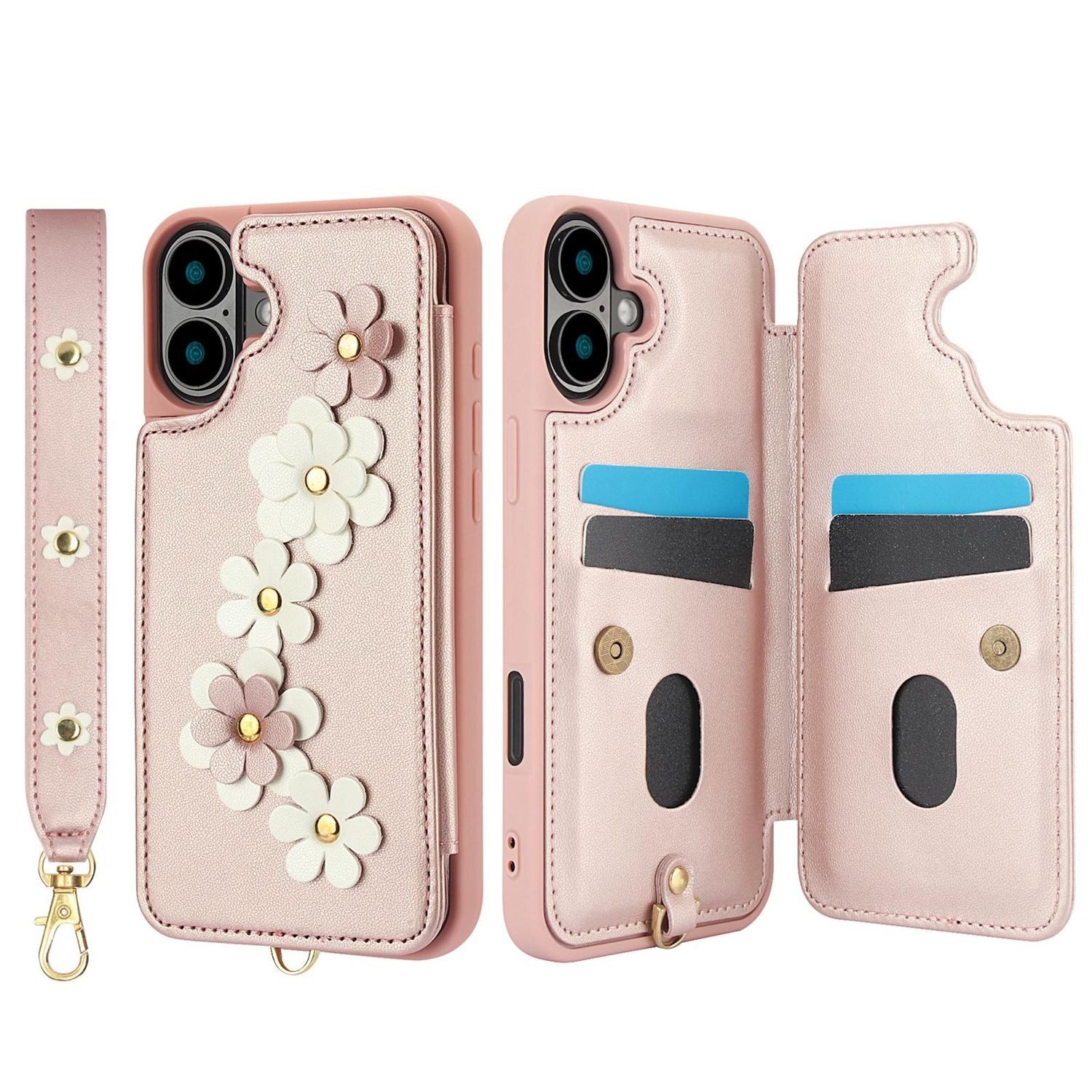 Wigento Handyhülle Für Apple iPhone 17 Hülle Crossbody Kunstleder Blumenmuster Rose Gold, Mit Kartenfächern, Gurt, Kickstand-Funktion