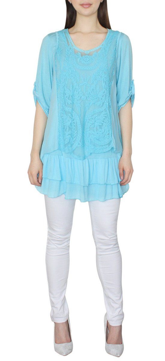 Damen Volant dy_mode Spitzen Shirt Top 3-tlg. TU018-Blau Unifarbe, Tunika Longshirt 3-tlg. Tunikashirt mit in und