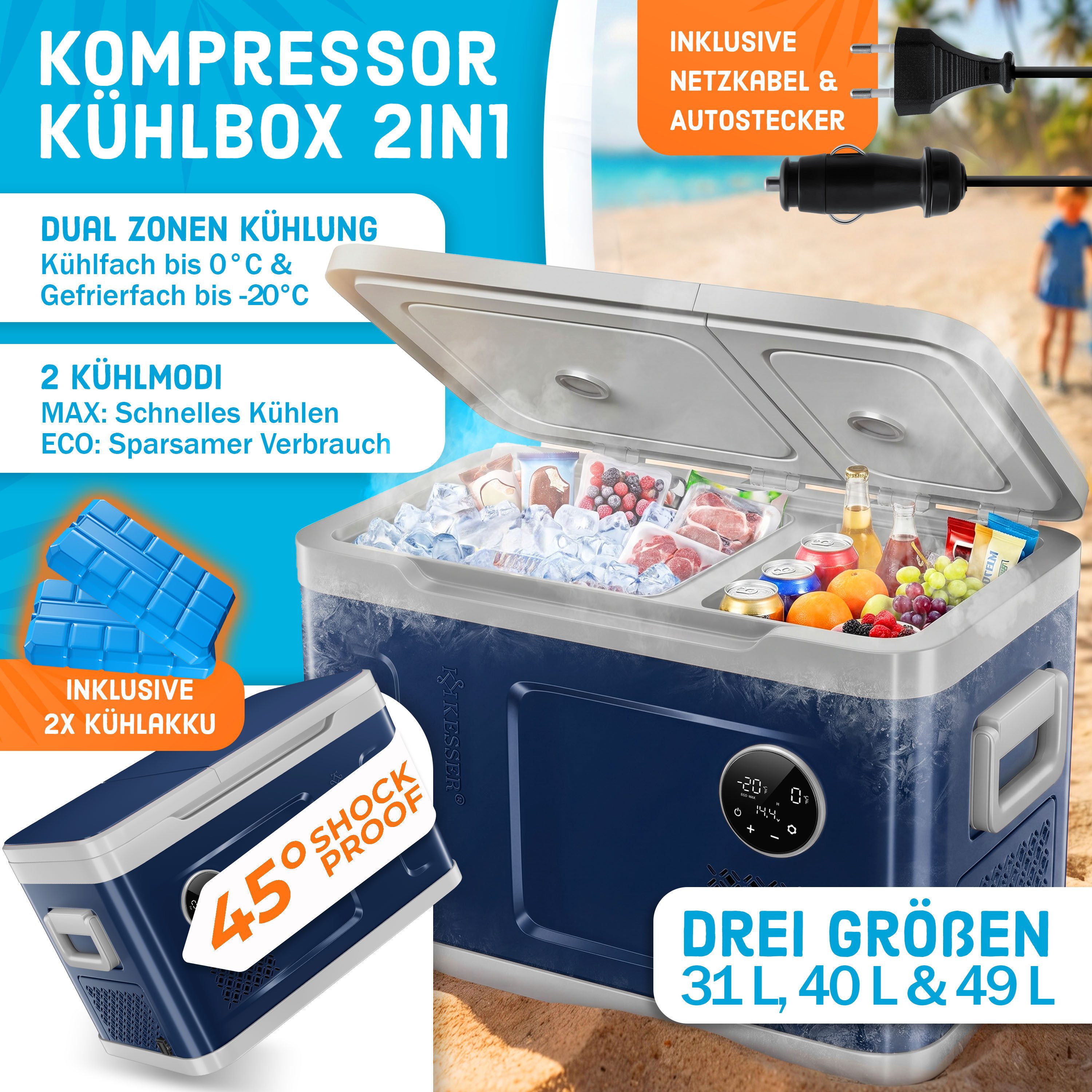 KESSER Kühlbox Kompressor 2in1 Doppelzone Kühl & Gefrierfach elektrische Gefrierbox, 31 l, mit 2x Kühlakkus & LED-Touch-Bedienung Kühlschrank bis -20 °C