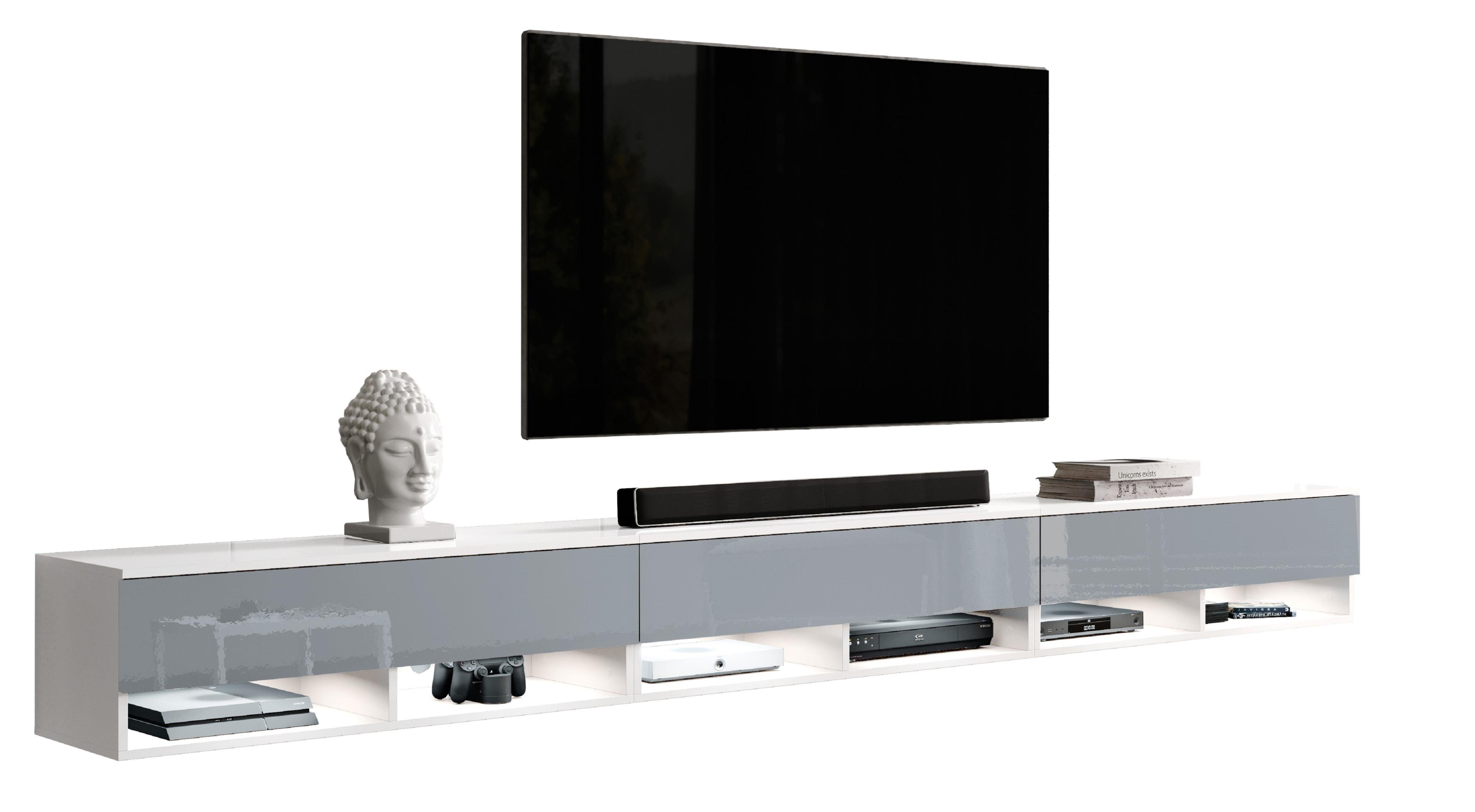 x Lowboard x ohne 300 TV-Schrank ALYX Furnix Türen TV-Kommode T32 H34 3 B300 cm Glanz cm LED mit Weiß/Grau