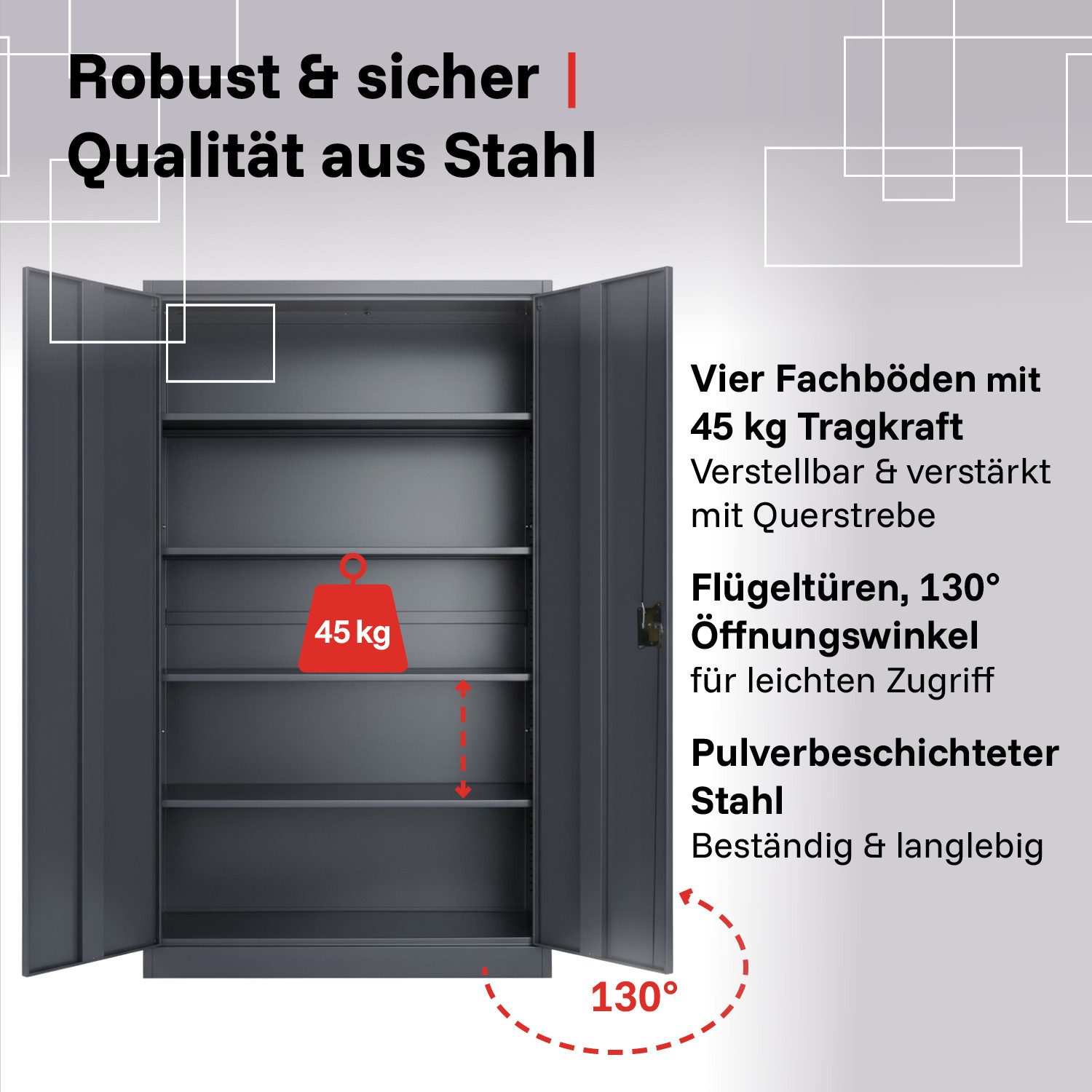 LagerZwei Aktenschrank Stahlschrank 195x100x50 cm (4-St) 3-fach verriegelt, 4 Böden, bis 60 Ordner, Flügeltüren 130°