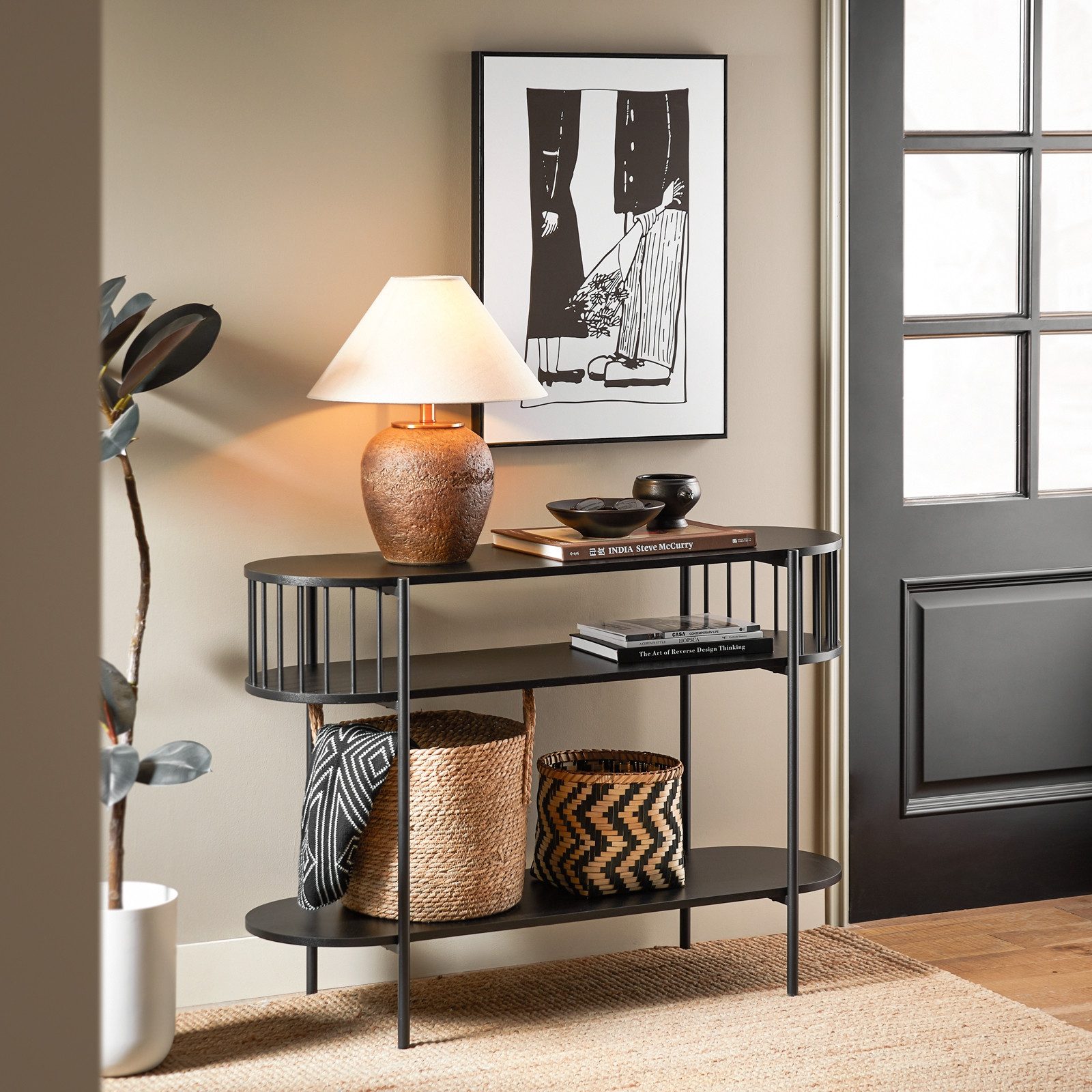 SoBuy Konsolentisch FSB90, Flurtisch schmal, Sofatisch, Metall mit 3 Ablagen, Konsole Holz, Konsolentisch Modern, für Flur, Wohnzimmer, Esszimmer, Großer Stauraum