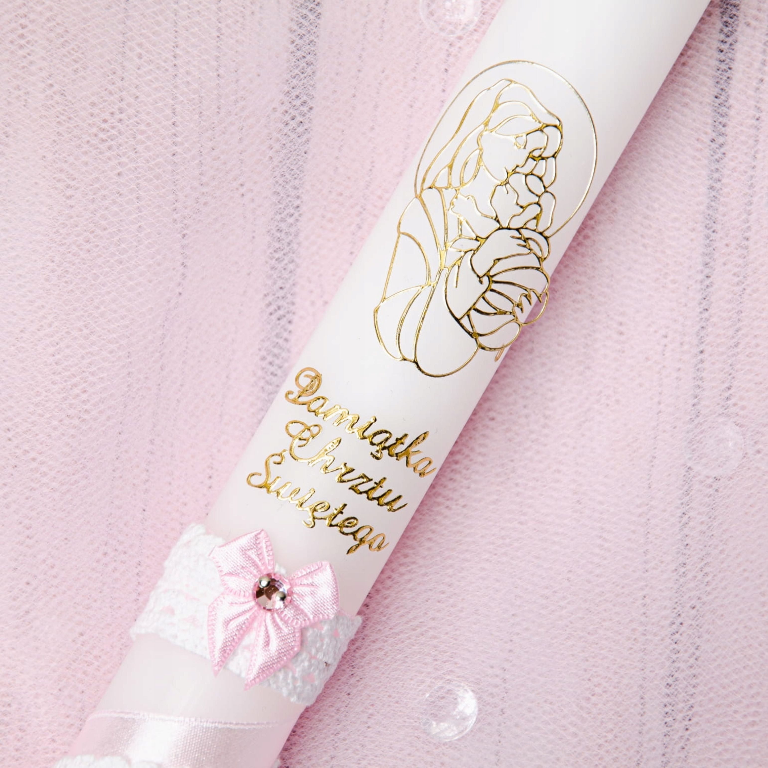 Festivalartikel Taufkarte Taufkerze Mädchen Rosa Gold 40cm Handdekoriert Madonna