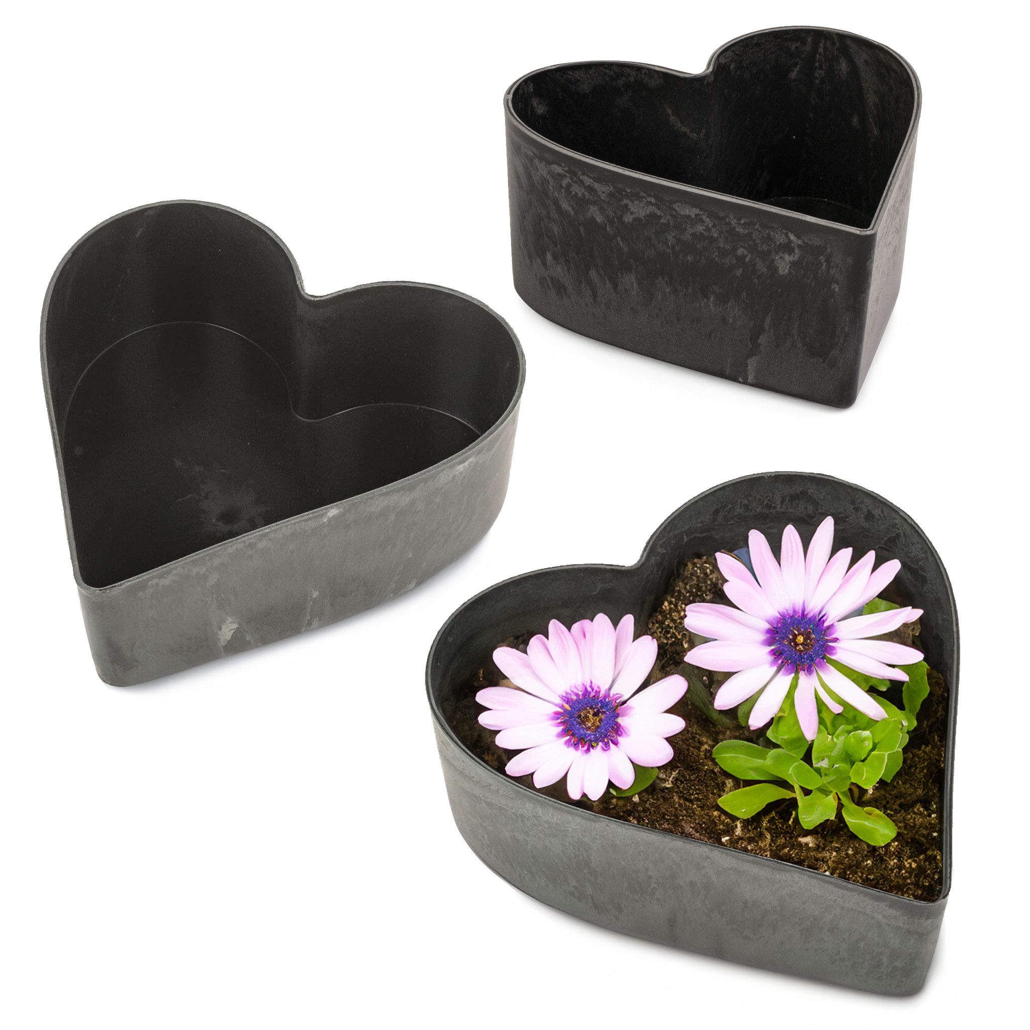 matches21 HOME & HOBBY Blumentopf Herz Pflanzschalen für draussen 3er Set schwarz marmoriert in 26 cm (3 St), Blumen-Schale als wetterfeste Friedhof-Schale Grab-Schmuck Grabschale