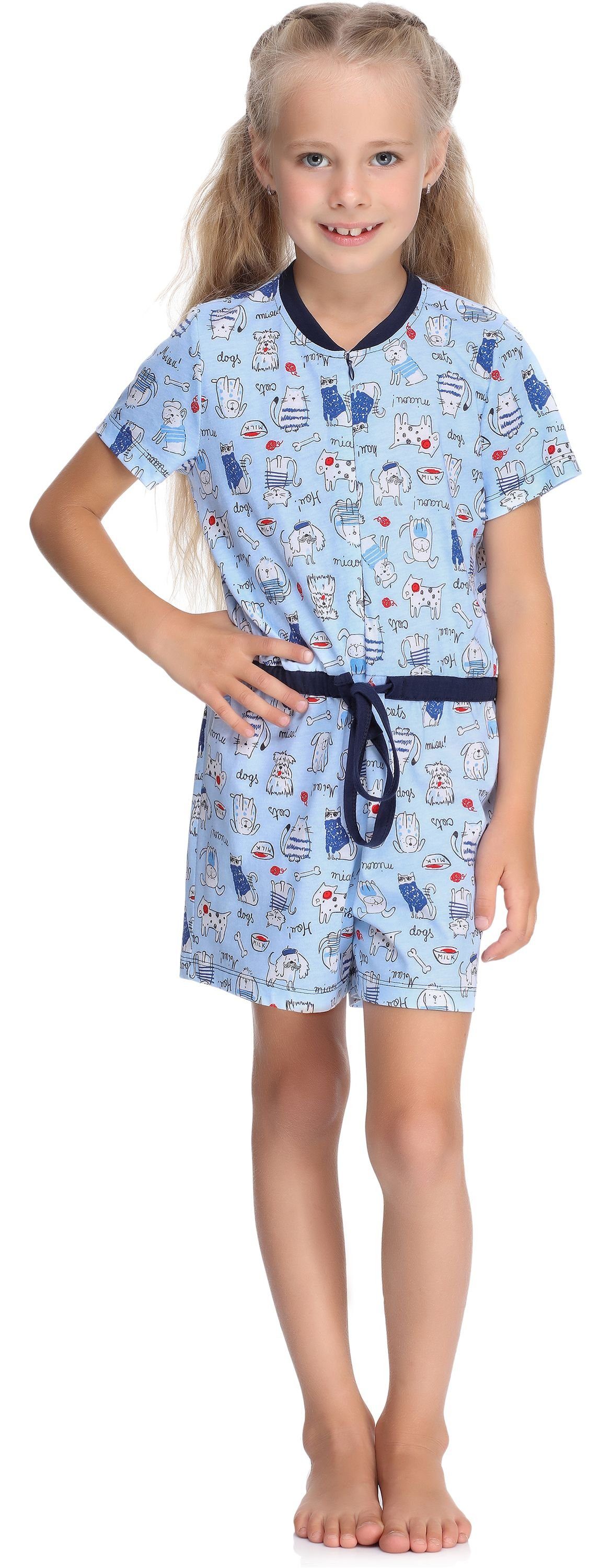 Style Schlafanzug Overall Schlafanzug Short Mädchen Blau/Hunde/Katze MS10-267 Merry