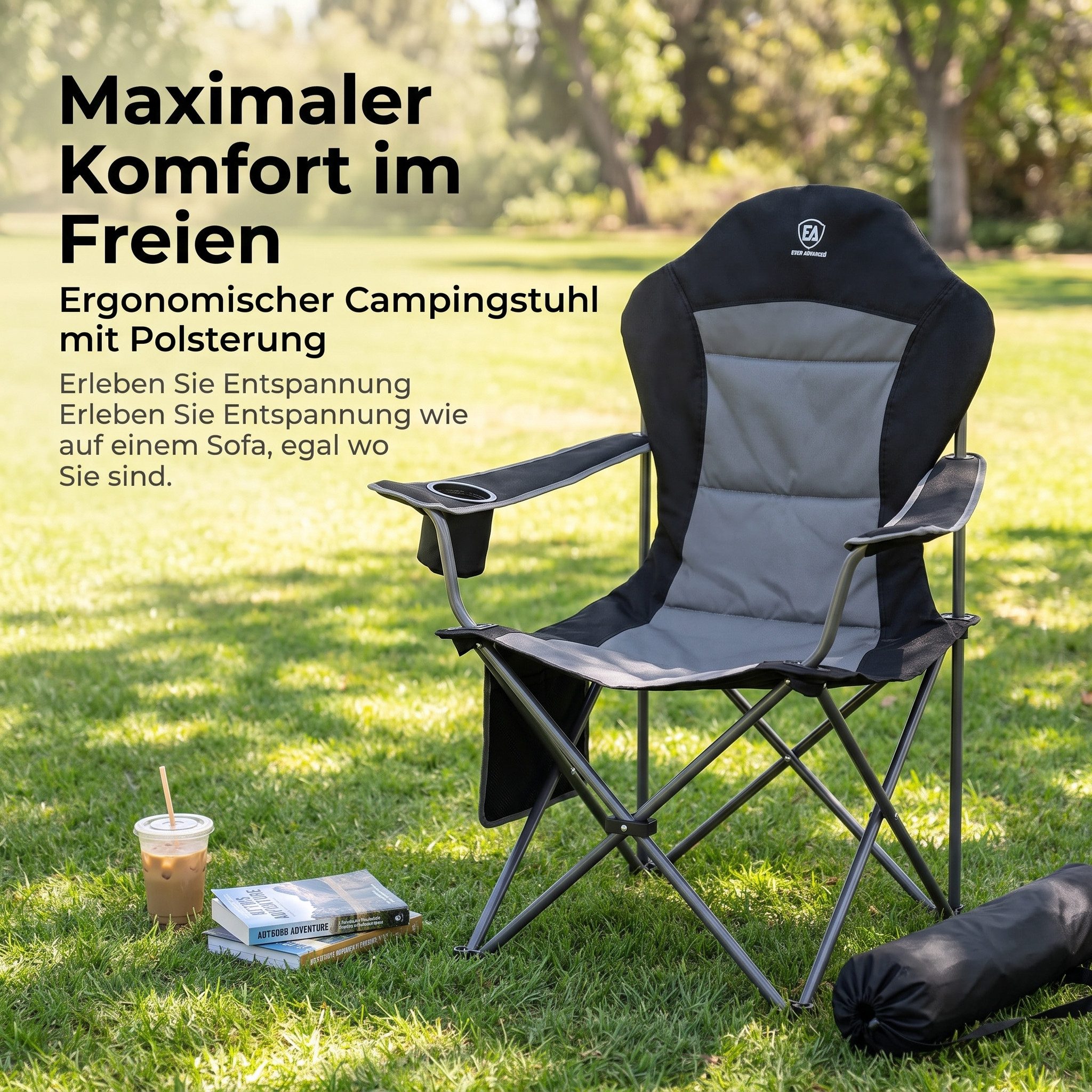 AIMAX Campingstuhl Campingstuhl faltbar mit Tasche und Getränkehalter Schwarz