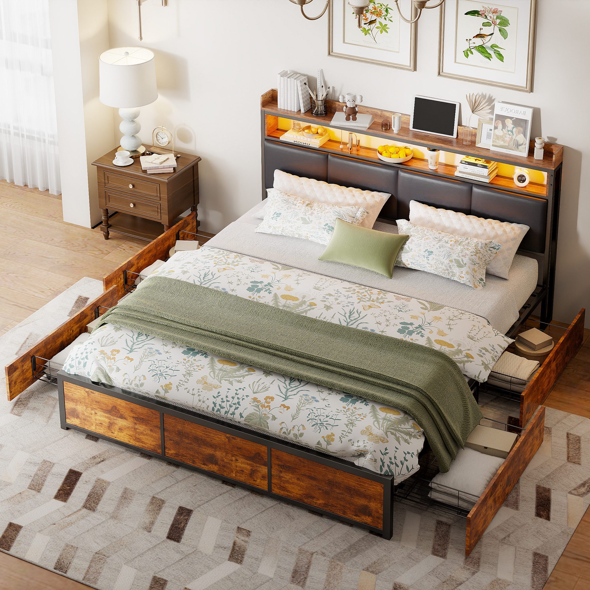 Polsterbett Holzbett Stauraumbett, Mit LED-Licht und 4 Schubladen