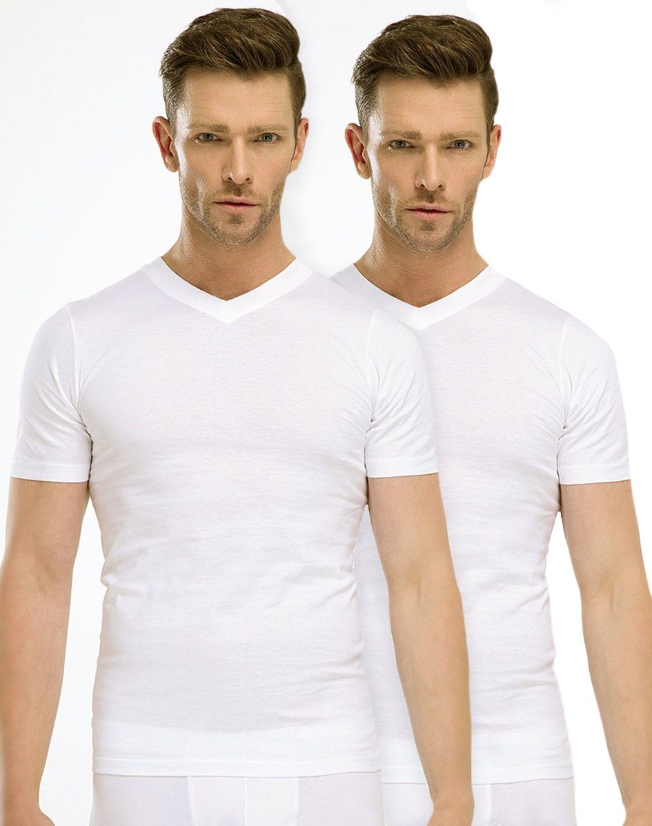 Basic Ausschnitt 2er-Pack) Weiß 2er T-Shirt Herren Baumwolle Toker Unifarbe, in T-Shirt V- Pack aus (Packung, Collection®