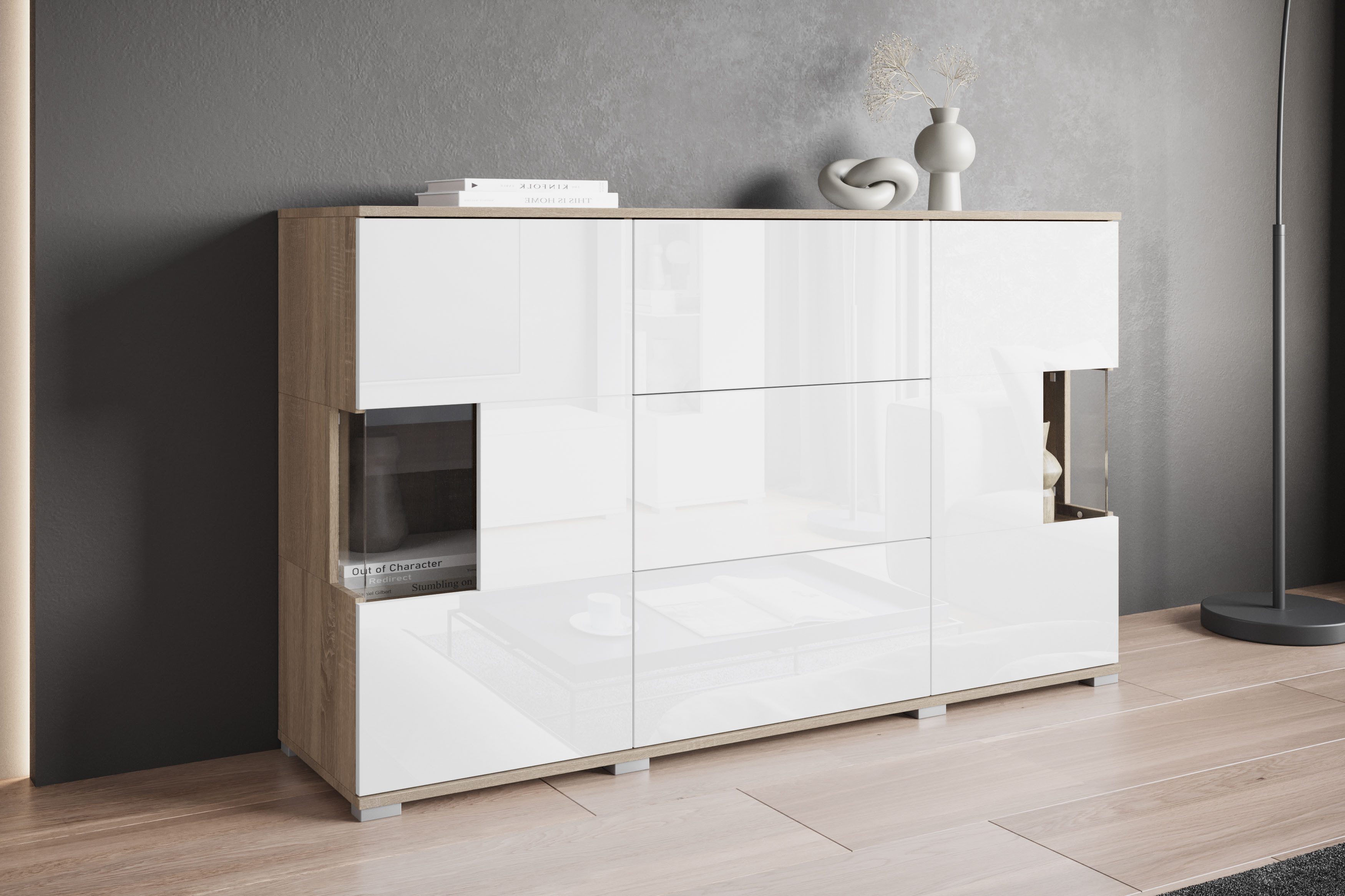 OTTO home Sideboard Kenia (1 St), Sideboard mit 3 Schubladen, 6 Fächern, Glastüren, Breite 150 cm