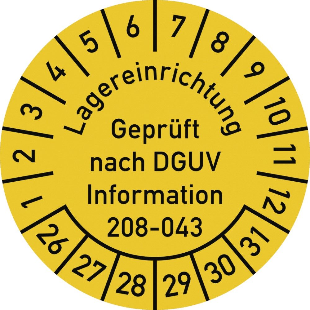 Hinweisschild Prüfplakette Lagereinr. DGUV-208-043...2026-2031, Dokumentenf.,Ø 30mm