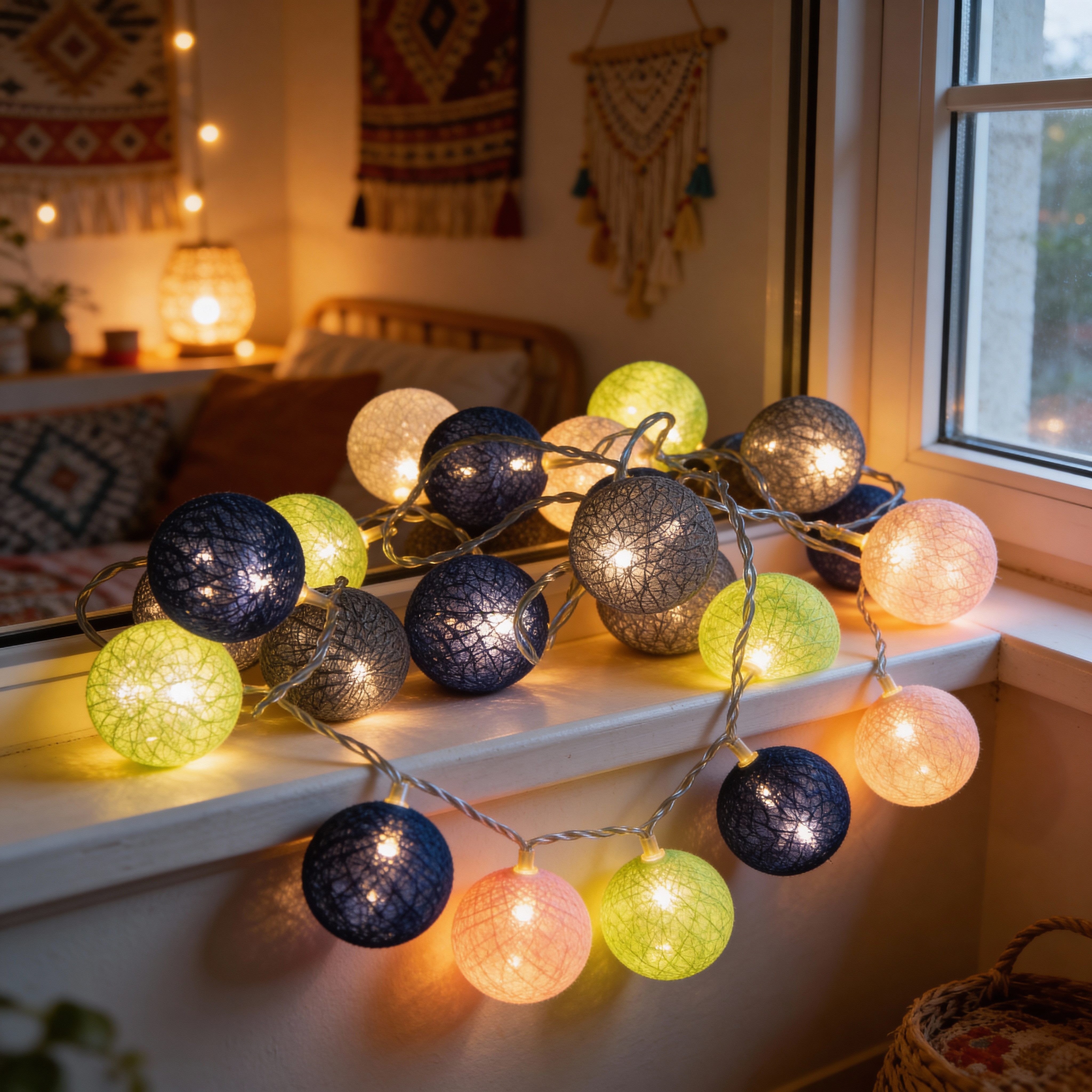 Guru-Shop LED-Lichterkette Stoff Ball Batterielichterkette 3xAA, 20`er LED..