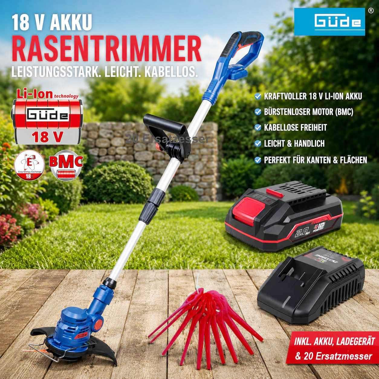 Güde Akku-Rasentrimmer Güde Rasentrimmer RT 18V Akku 2.0 Ah / Ladegerät 3A Kantenschneider