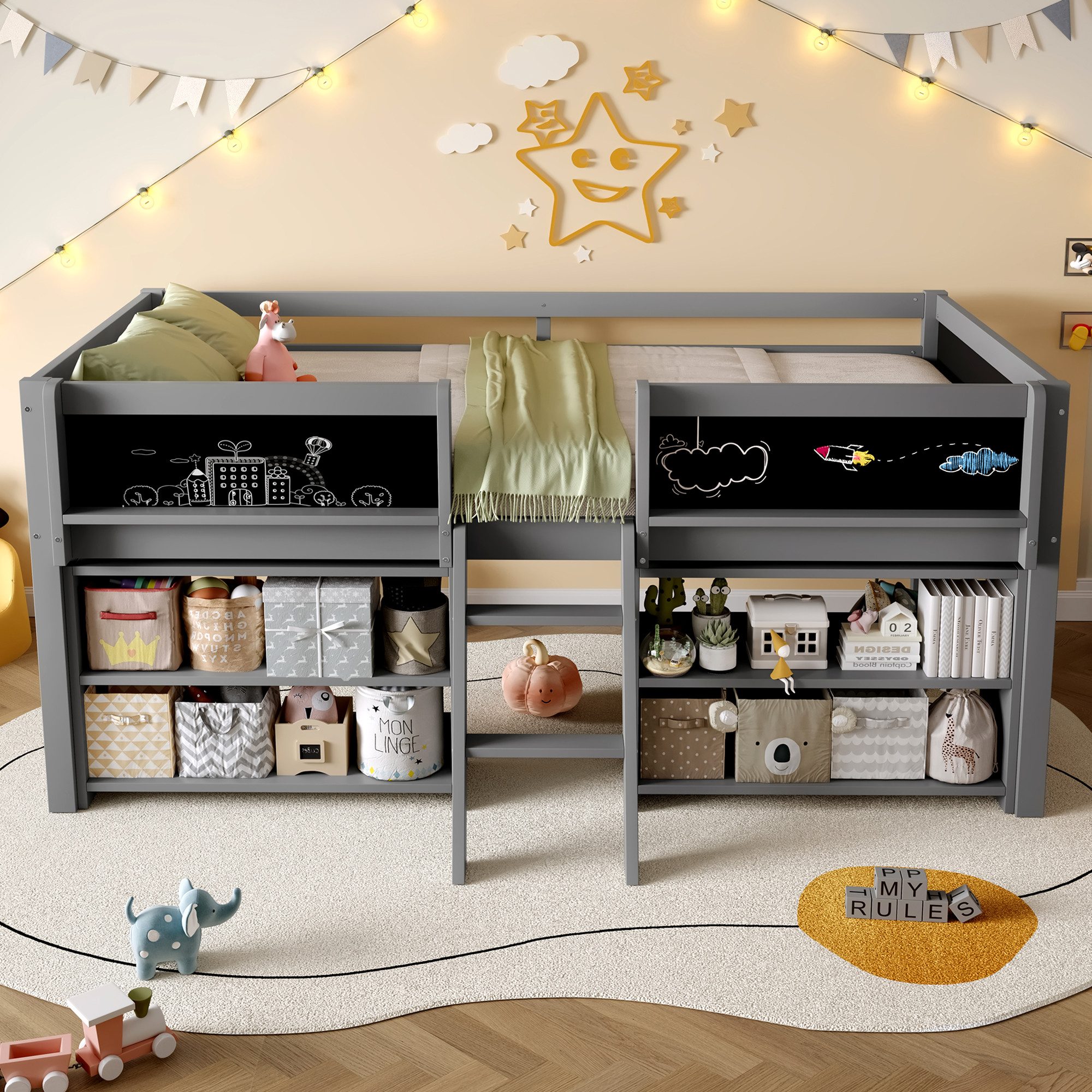 Flieks Hochbett Halbhohes Bett Kinderbett 90x200cm mit Tafel, Ablagefächer und Leiter