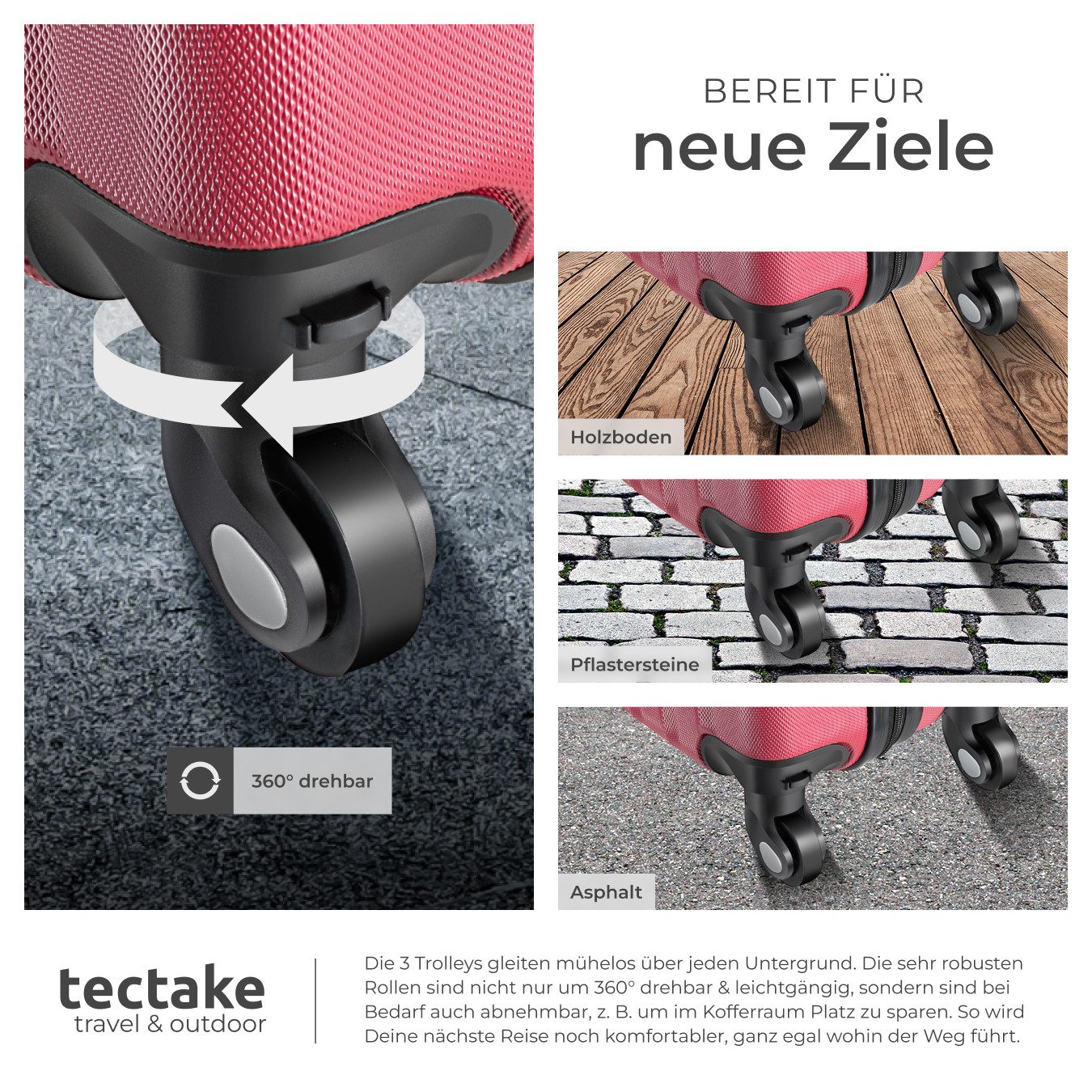 tectake Trolley Hartschalenkoffer-Set, 4 Rollen, 4-teilig, 3 Trolleys und Beauty-Case aus robustem ABS-Kunststoff