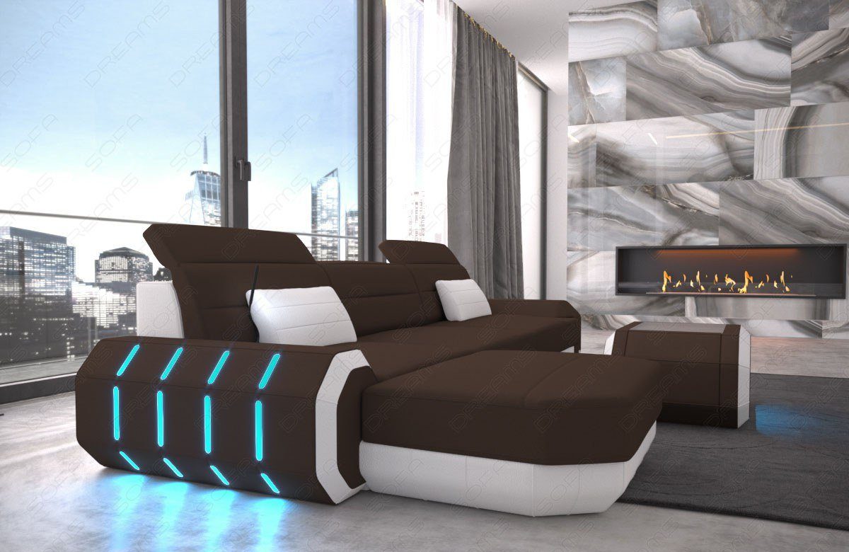 mit Mikrofaser Couch wahlweise L Design Bettfunktion Dreams M Form Sofa Stoffsofa, dunkelbraun-weiß Sofa Ecksofa Roma Polster Stoff