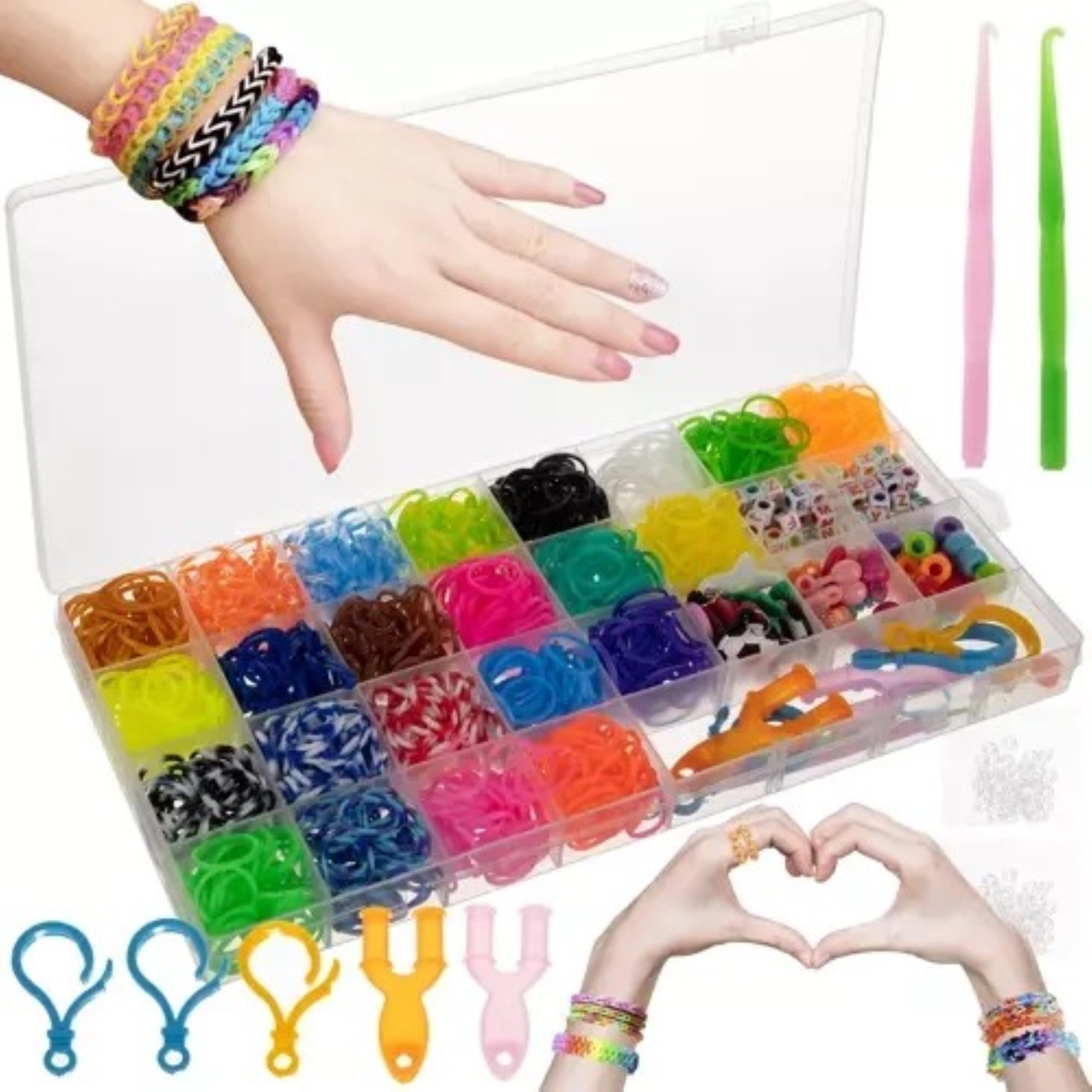 KRUZZEL Kreativset Gummibänder DIY Set – 1.500 Bänder, Häkelnadeln & Schmuckzubehör, (DIY Armband Set mit 1.500 Gummibändern und Zubehör für Kinder, 1500-tlg., Kreatives Bastelset für Kinder – Armbänder, Schmuck & selbst machen), Kreatives DIY-Set für Armbänder, Figuren & Schmuckideen