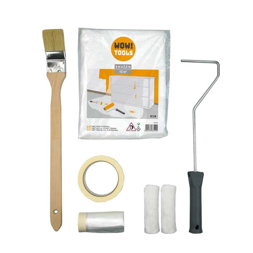 WOW!TOOLS Renovierungsset Renovierset 7tlg für Maler- & Renovierarbeiten Abdeckfolie Farbroller