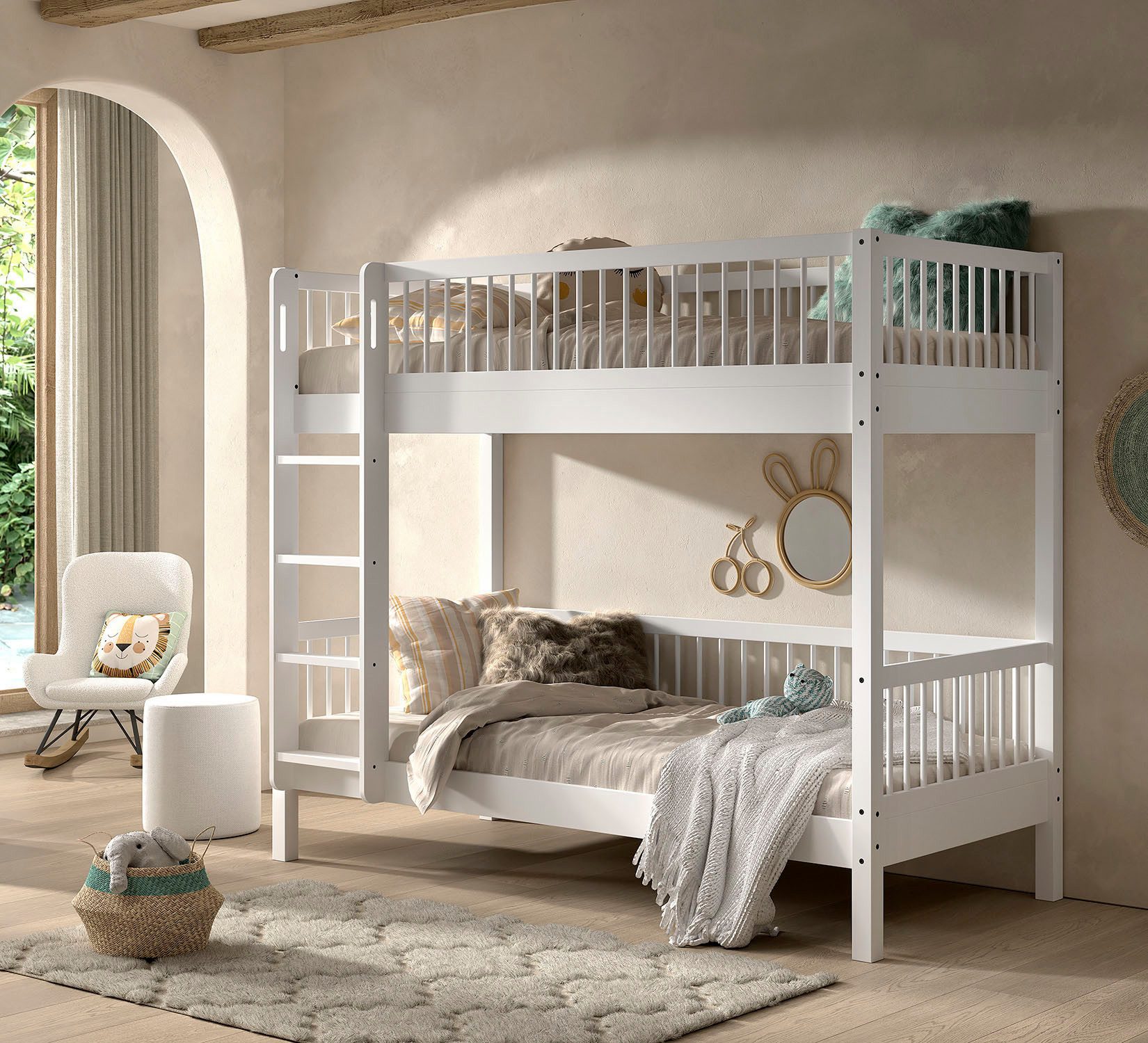 Vipack Etagenbett Buche massiv weiß, Made in Europe, langlebige Qualität (B/H/T ca. 208x176x98cm, inkl. Leiter, Absturzschutz oben umlaufend), 2 Lattenroste, wahlweise mit oder ohne Bettschublade