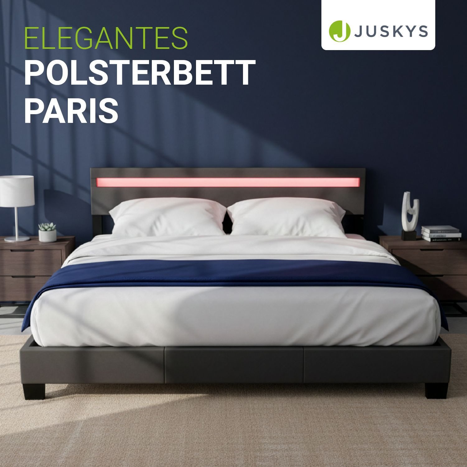 Juskys Polsterbett Paris, 180x200 cm, bunte LED-Beleuchtung, Kunstleder, weiches Kopfteil
