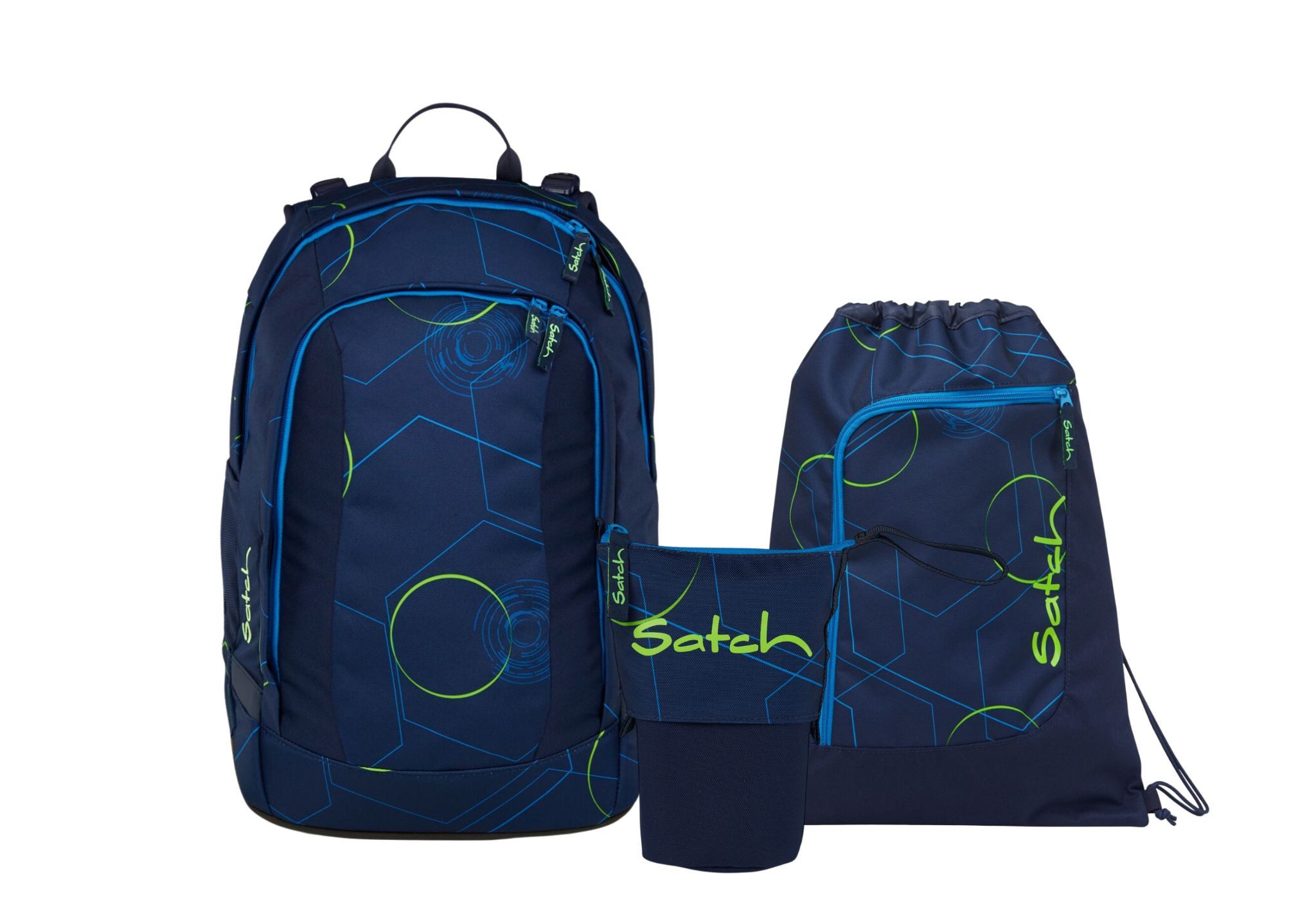 Satch Schulranzen Schulrucksack-Set AIR Blue Tech 3-teilig (3-teilig), Schulranzen, ergonomisch, Laptop-Fach, Your-Size-System