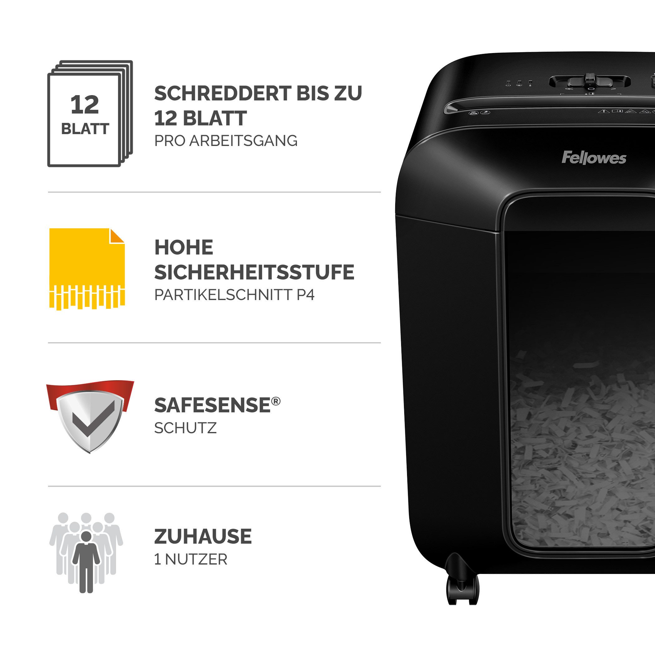 FELLOWES Aktenvernichter Fellowes Aktenvernichter LX85 Partikelschnitt 4x40mm P4 mit Rollen, SafeSense, Sichtfenster, Partikelschnitt P-4, 19L, 20 Min, Rollen