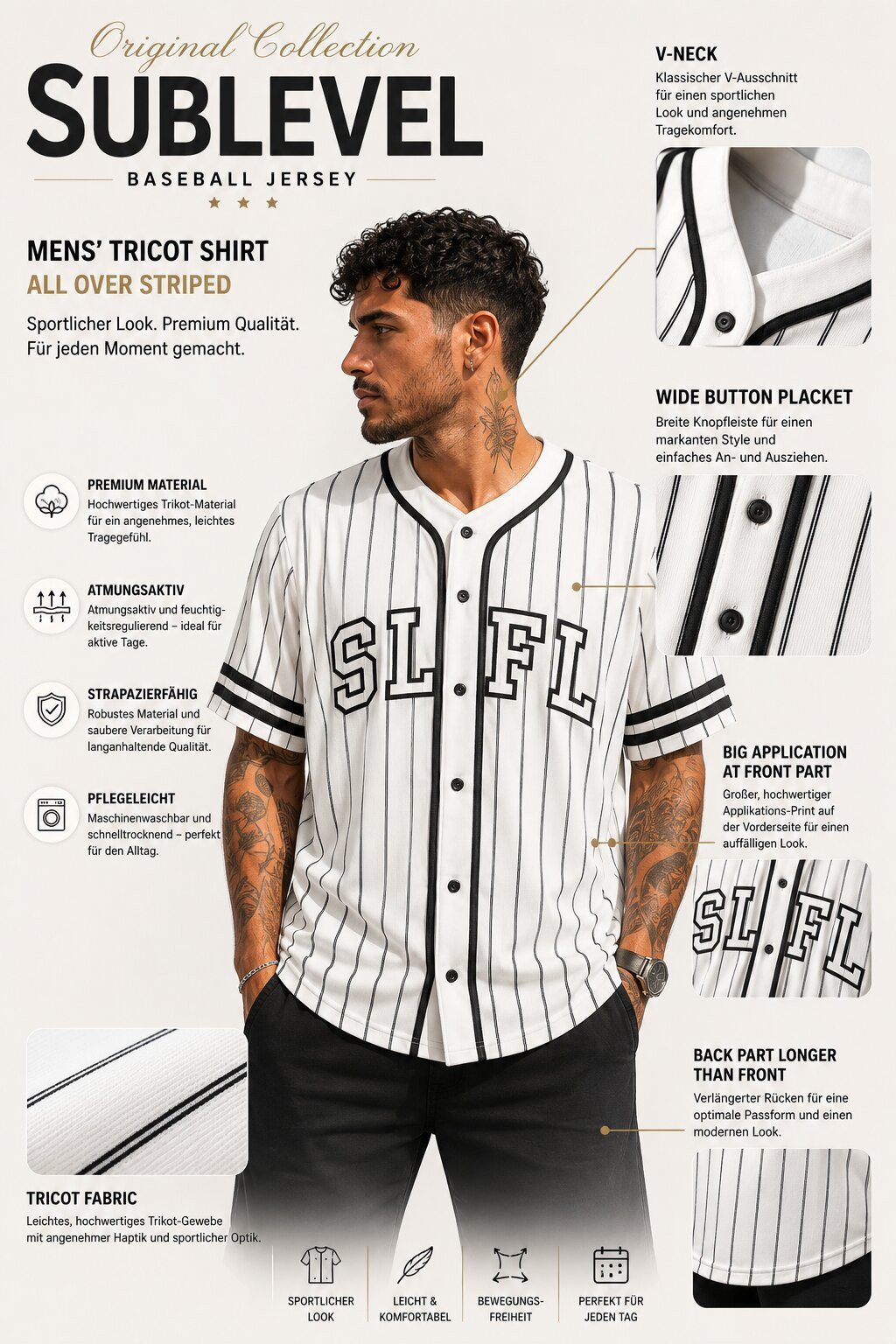 SUBLEVEL T-Shirt Herren Shirt Rugby Jersey Logo moderner Look verlängerter Rücken, All Over Streifen, Frontapplikation – Bild 5 von 5