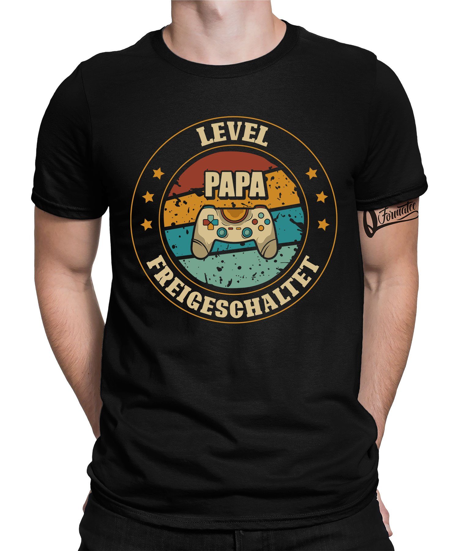 Quattro Formatee Papa (1-tlg) Schwarz Freigeschaltet Level Herren Vatertag T-Shirt Kurzarmshirt Vater 