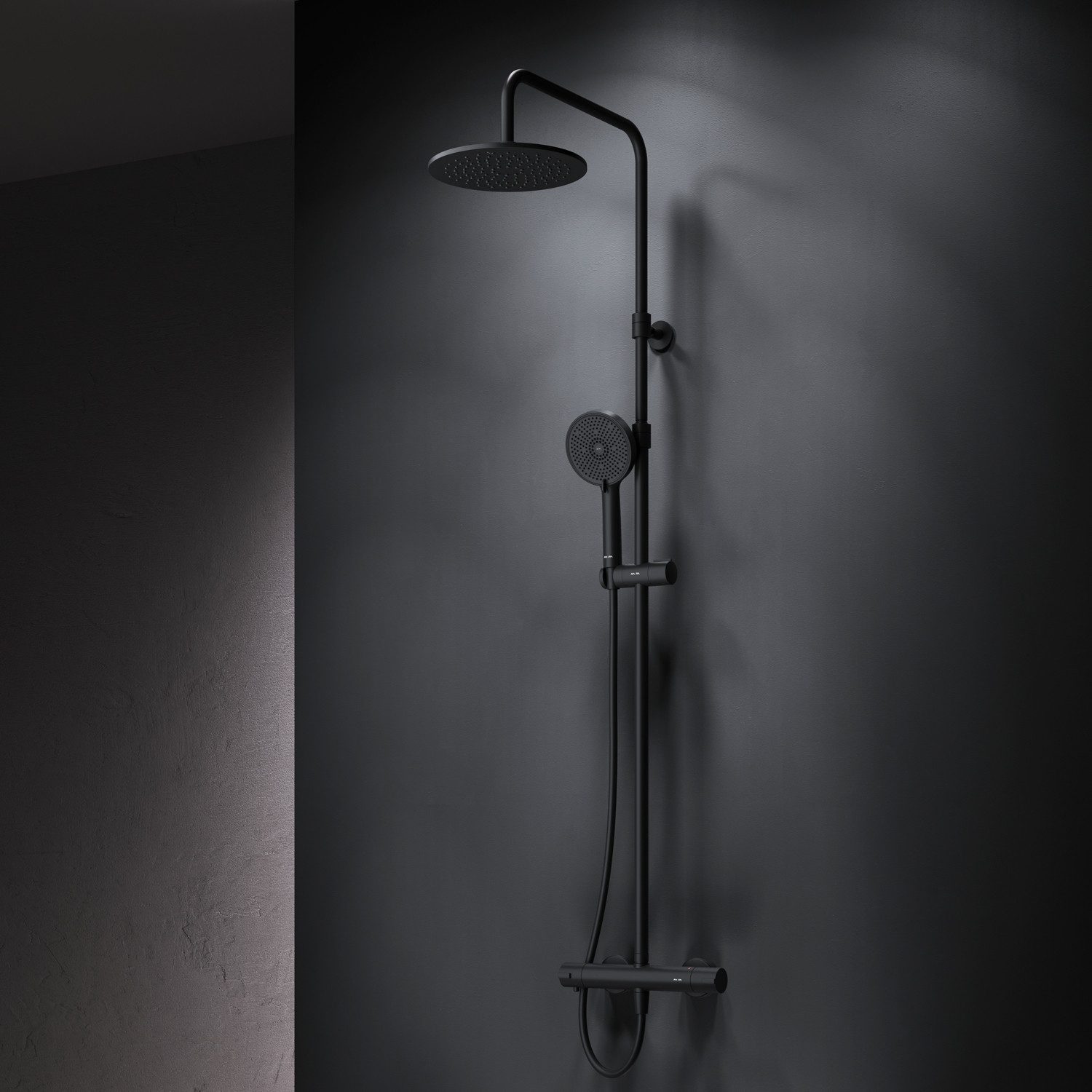 AM.PM Duschsystem PLAY mit Thermostat Ø 25 cm Regendusche & Handbrause Duscharmatur, Höhe 146 cm, 5 Strahlart(en), Brause Dusch-Komplettset mit Duschsäule, Air-In Technologie, Dusche Brauseset Anti-Kalk Schwarz, Duschset Kopfbrause & Handdusche mit Antikalk-Duschkopf