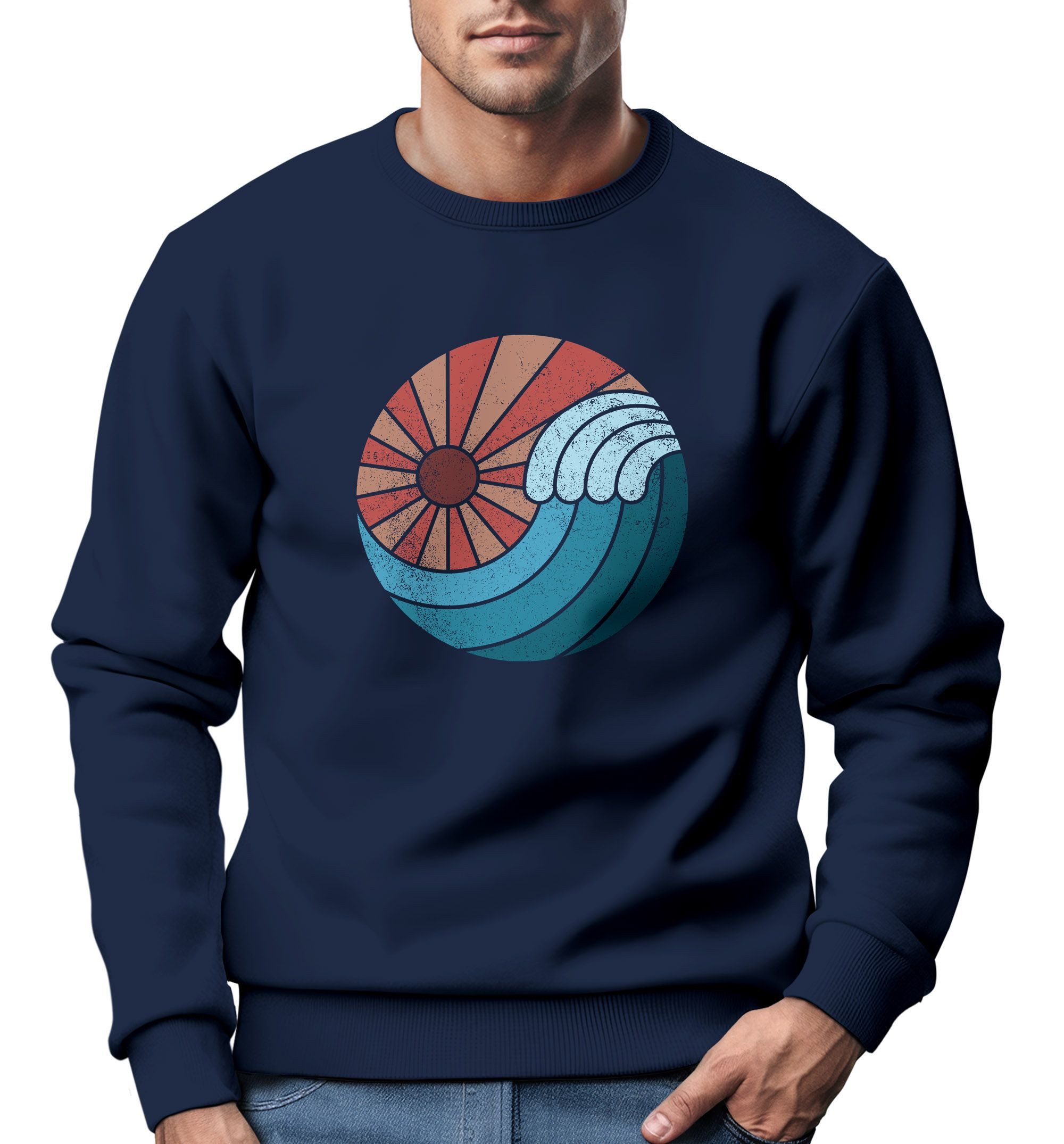 Neverless Sweatshirt Sweatshirt Herren Print Welle Sonne Retro Vintage Oldschool