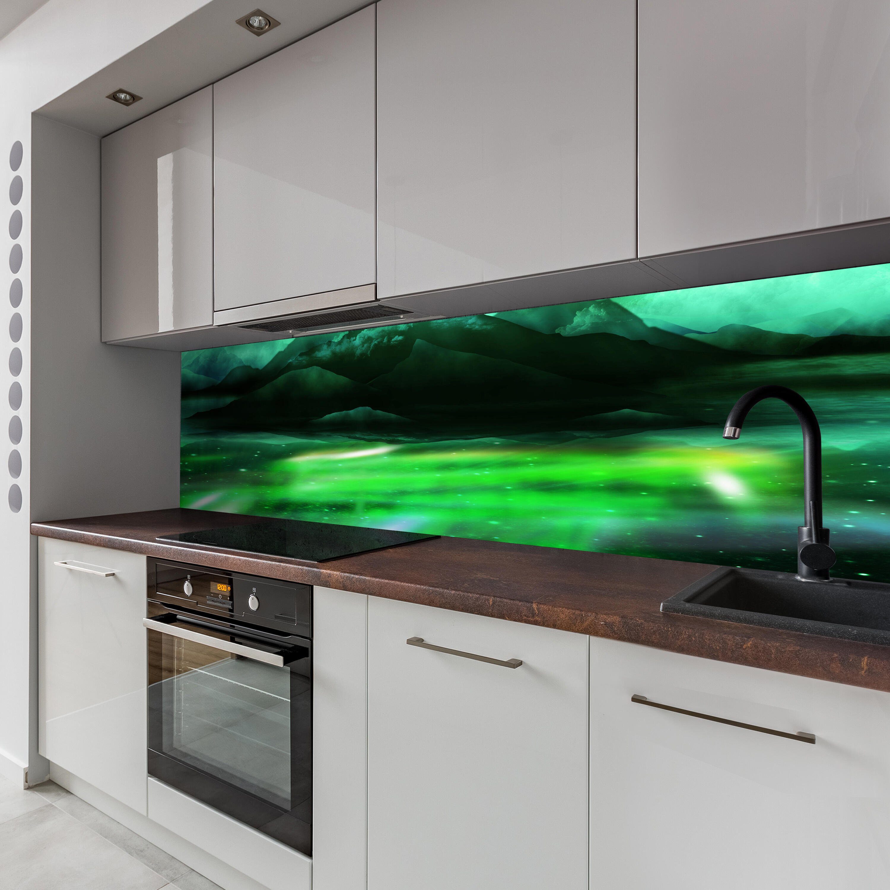 wandmotiv24 Küchenrückwand Grünes Nordlicht, Größen Nischenrückwand Hartschaum in versch. (1-tlg), Premium