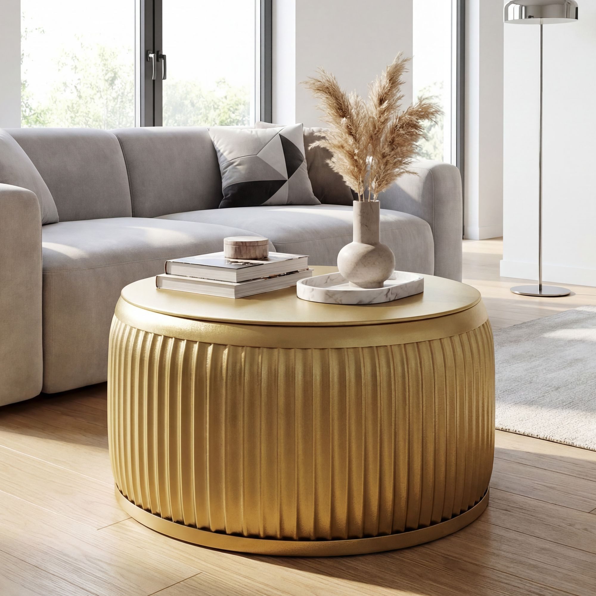 FINEBUY Couchtisch FB76470 Metall Gold Sofatisch 60cm Stauraum Wohnzimmertisch Rund (Extravaganter Tisch mit feiner Rillenoptik), Clevere Tischplatte ist komplett abnehmbar