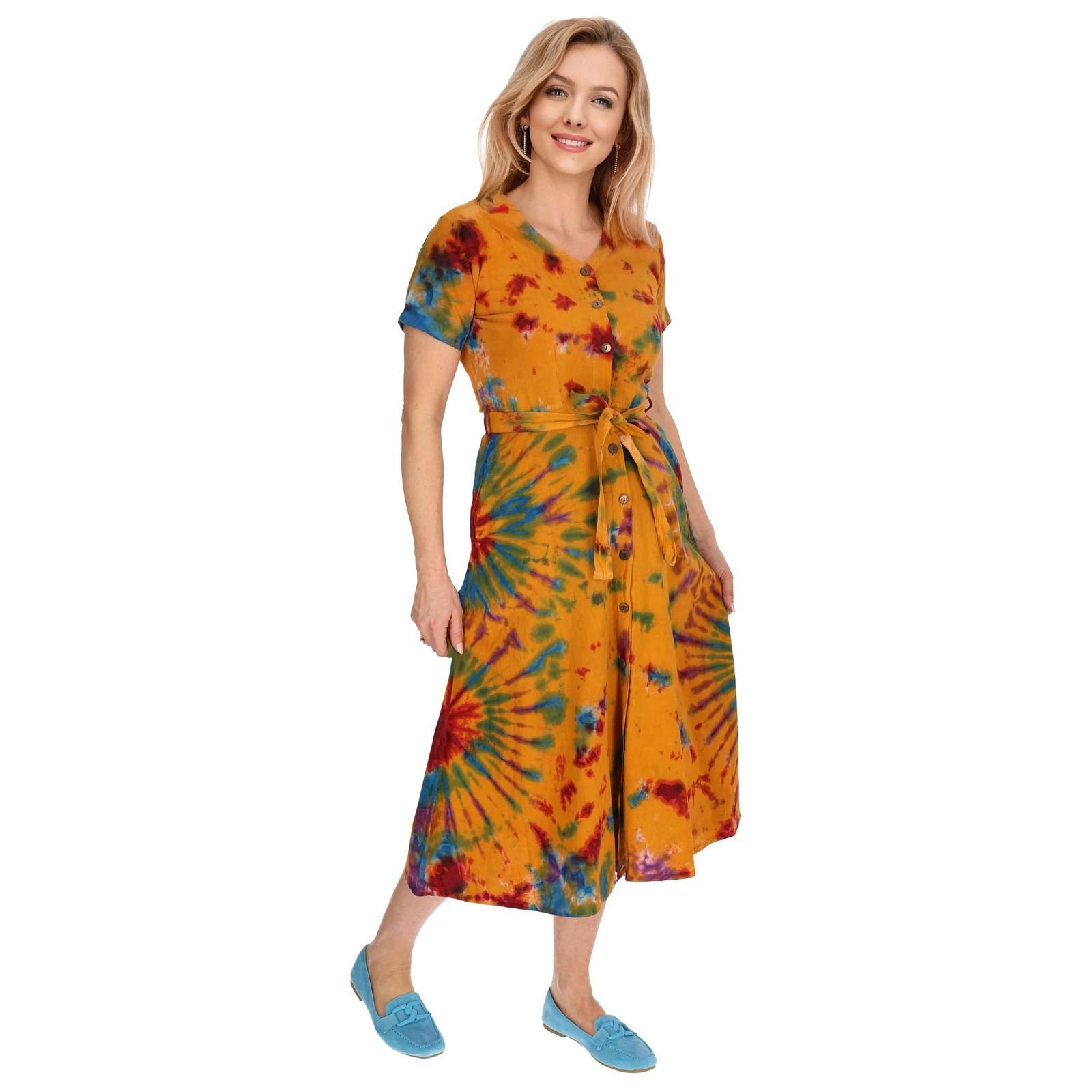 KUNST UND MAGIE Kleid Boho Dye Orange Sommerkleid Hippie Batik Latzhose Baumwoll Tie Kleid Ibiza