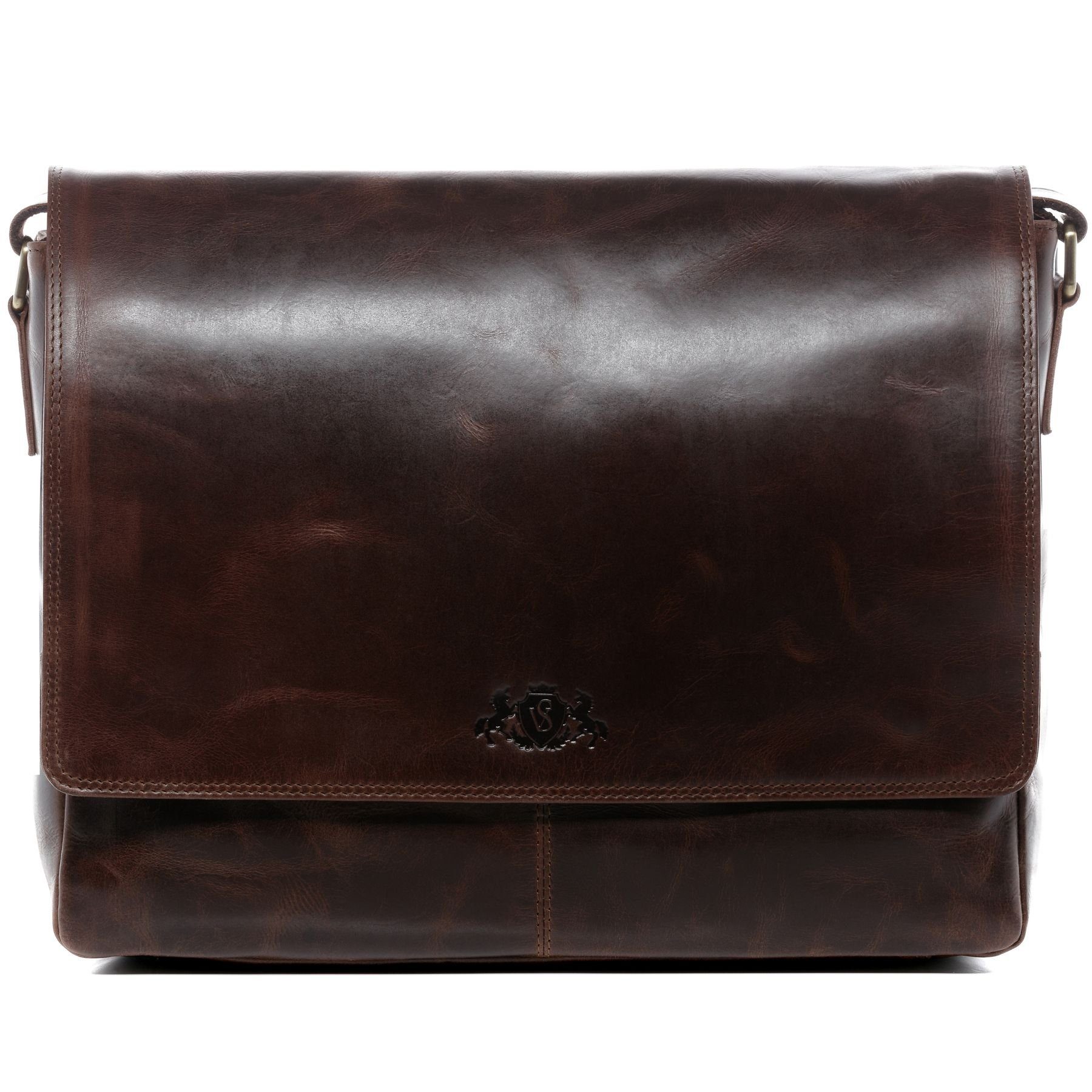 SID & VAIN Messenger Bag SPENCER groß Laptop-Tasche 15 Zoll echt Leder, Umhaengetasche Laptop Fach Herren Damen Schultertasche braun