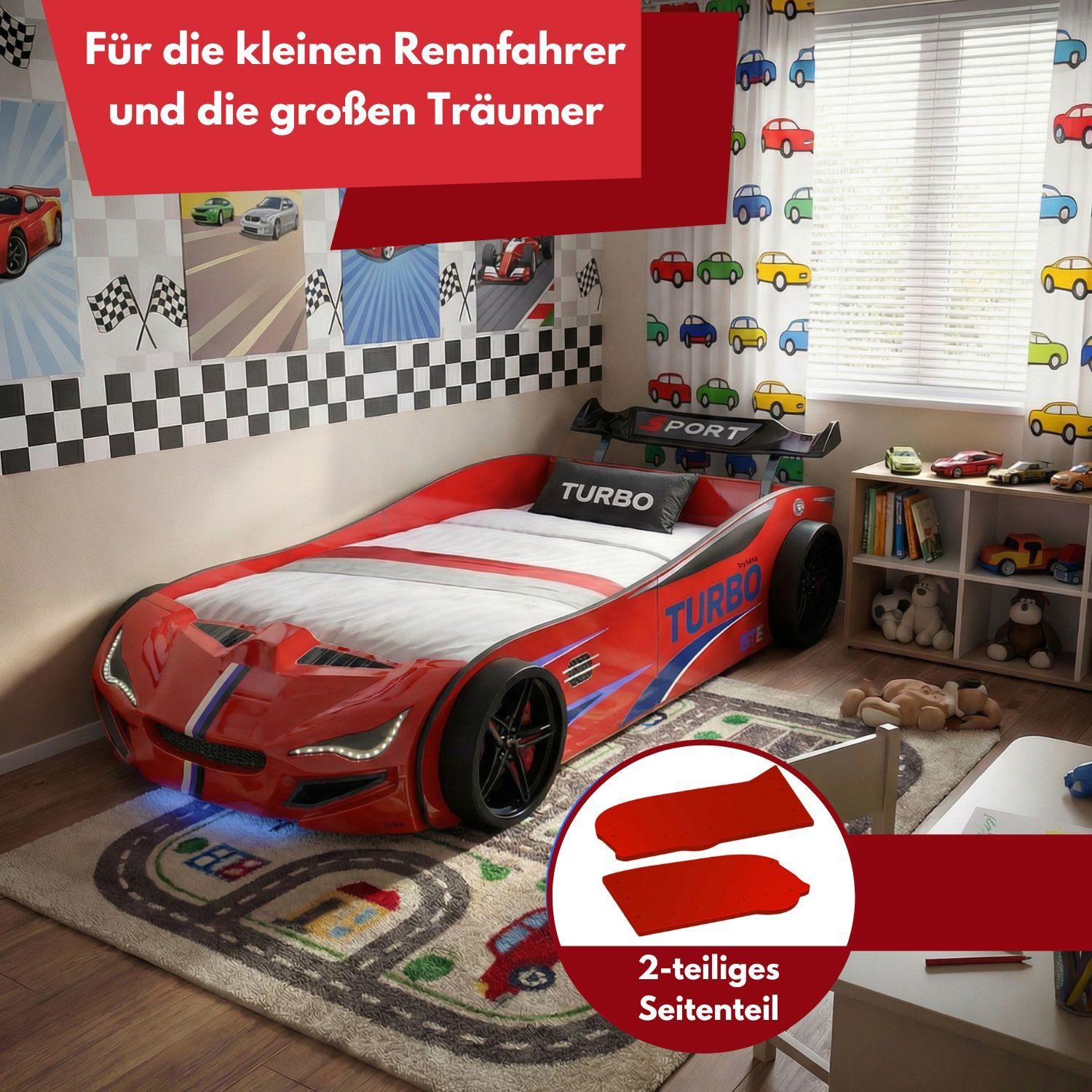 Coemo Autobett GTE (1-tlg., Komplett-Set Bett und Lattenrost), Rot Autobett Rennwagen GTE mit Lattenrost, Beleuchtung, Motorgeräusche