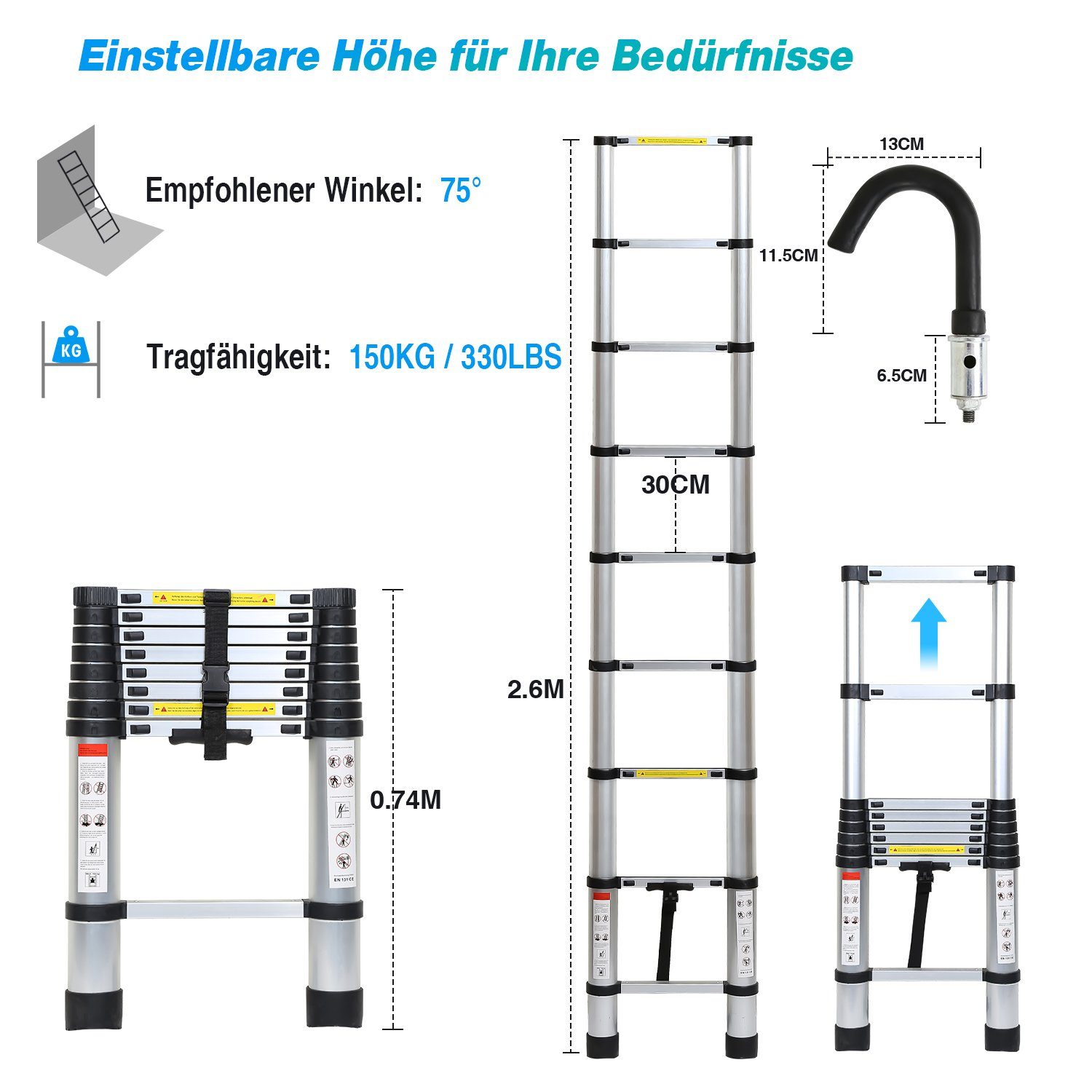 Clanmacy Teleskopleiter 150kg 2,6~5m Alu bis Ausziehleiter Teleskopleiter Anlegeleiter Aluminiumfarbe
