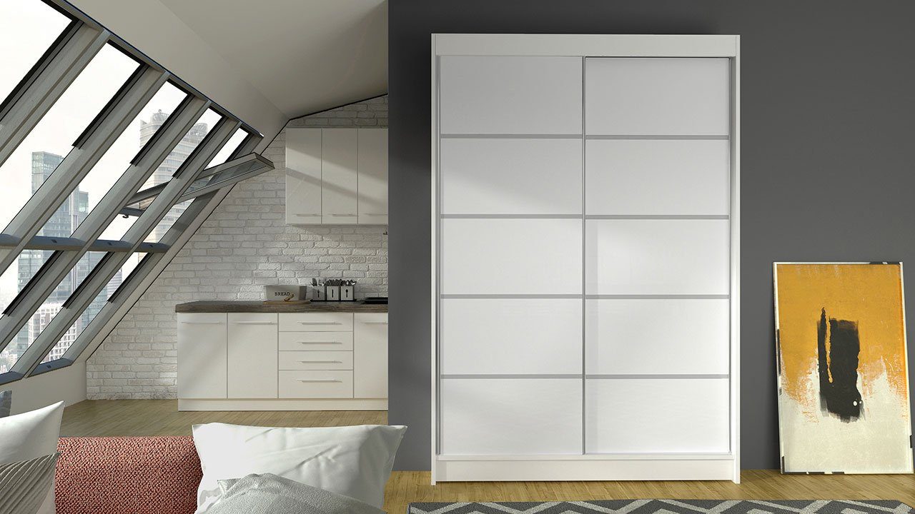 Mirjan24 Kleiderschrank Lino IV (Schiebetürenschrank mit Kleiderstange) Schlafzimmerschrank mit 2-türig, Garderobenschrank Weiß