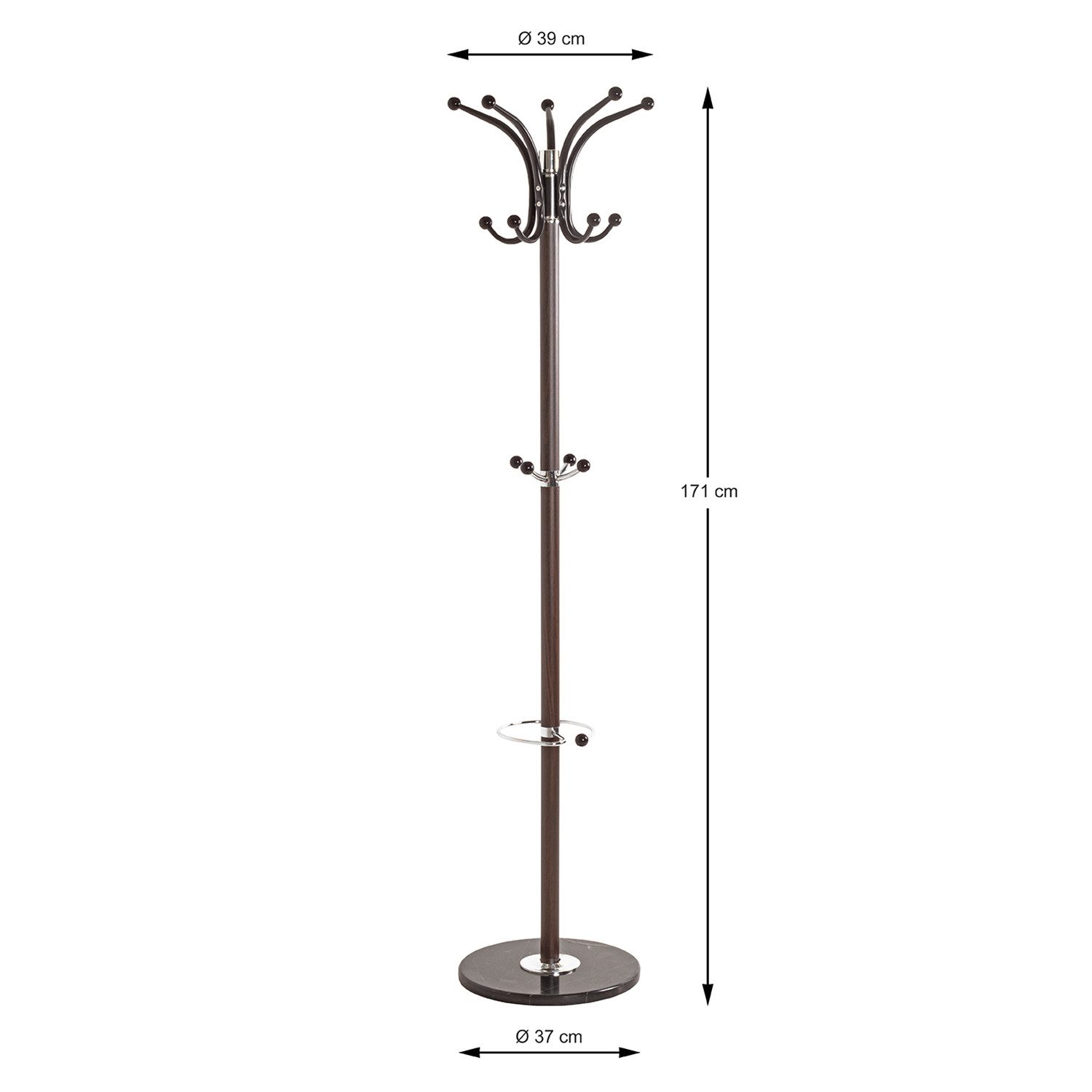 HAKU Garderobenständer Garderobenständer, braun - Kleiderständer, Metall - H 171 x Ø 39 cm, (1xGarderobenständer, Hakenständer - Aufhängeständer), Garderobenständer aus Metall, Kleiderständer, Standgarderobe