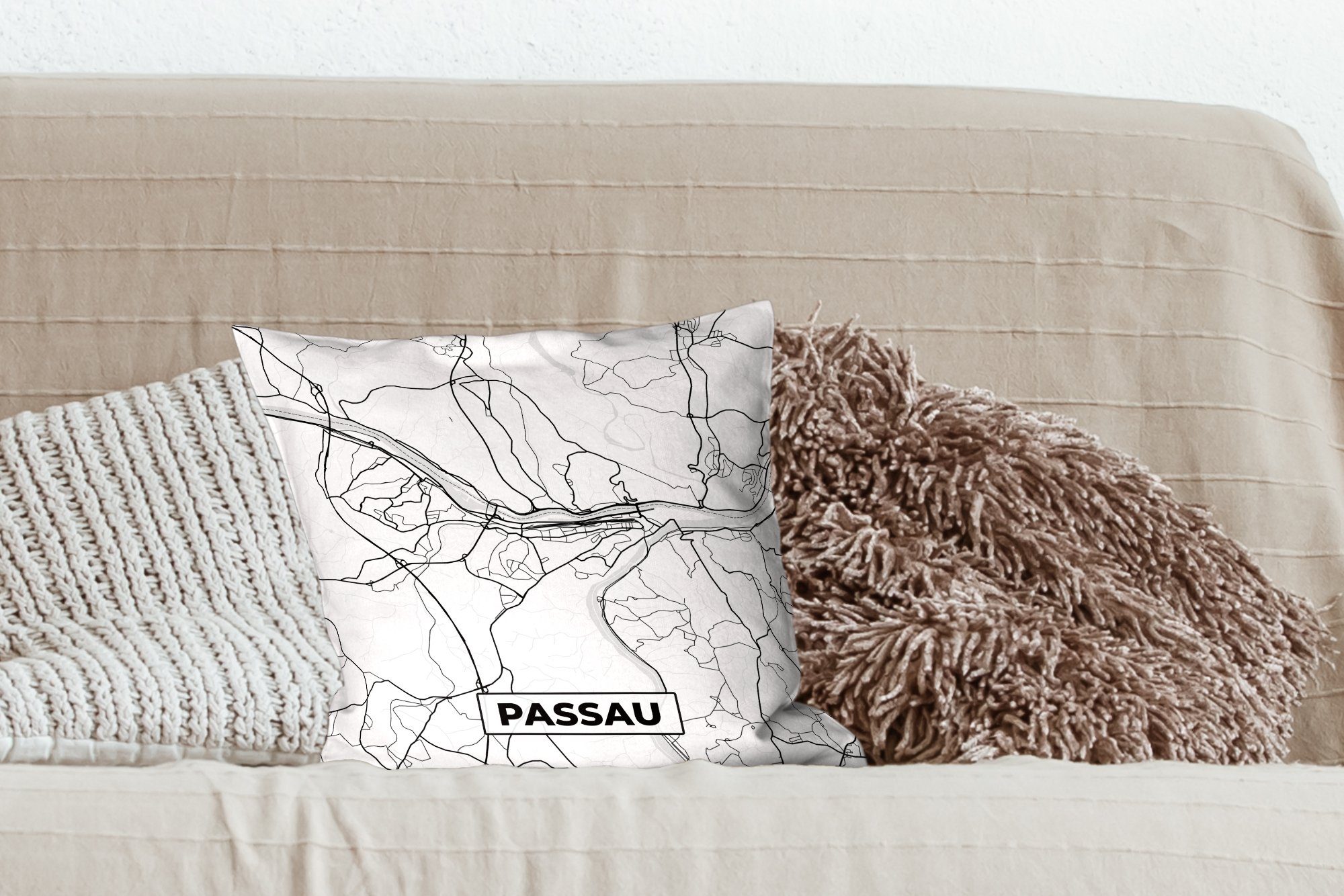 Deko, - Schlafzimmer, MuchoWow Dekokissen Passau Karte Füllung für mit - Sofakissen Wohzimmer, Zierkissen Stadtplan,