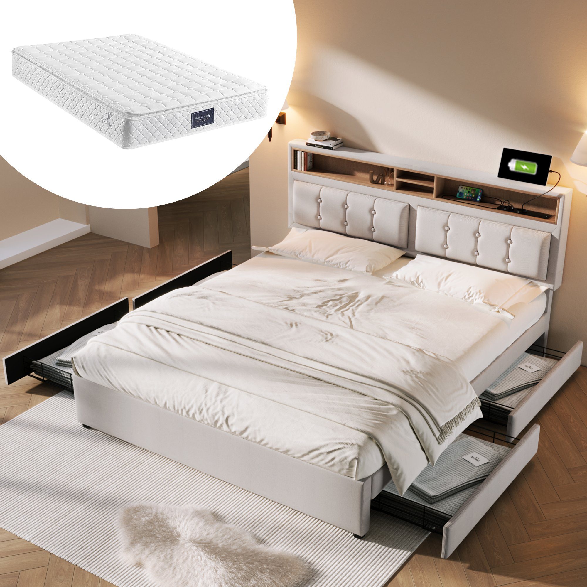 Polsterbett (Doppelbett mit Lattenrost und 4 Schubladen), Stauraumbett 160x200cm mit USB Typ C Ladefunktion Kopfteil, Leinen