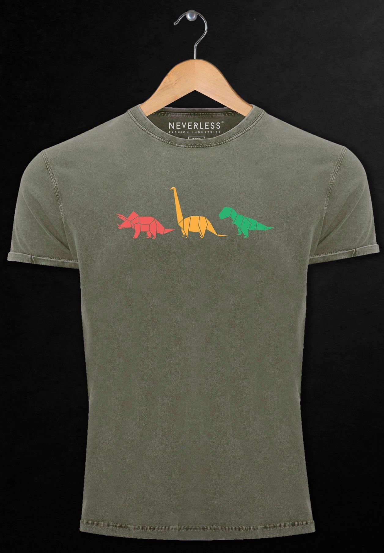 Neverless Print-Shirt Herren Vintage Shirt Prin Print Dinosaurier Tiere Aufdruck oliv Polygon Geometric mit