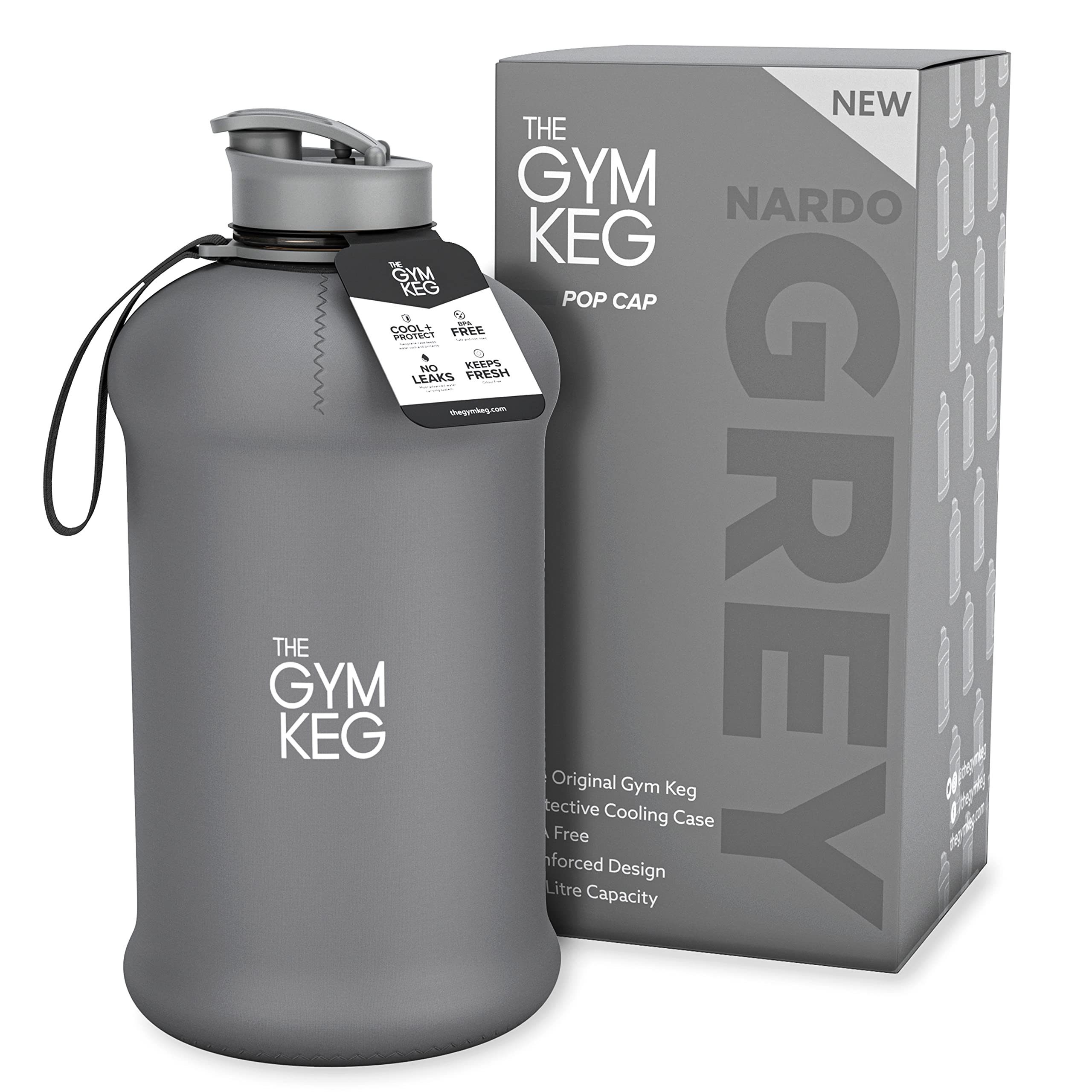 The Gym Keg Trinkflasche 2.2L Gym Trinkflasche mit Neoprene Sleeve und Griff, Wiederverwendbar, Nardo Grey 2.2 Liter