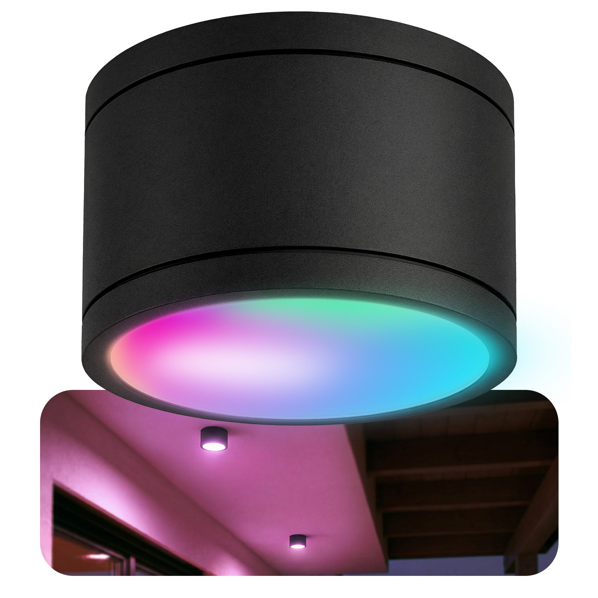 SSC-LUXon LED Außen-Deckenleuchte CELI-WX Bad Aufbauspot flach IP44 schwarz rund mit Smart WLAN LED, Smart