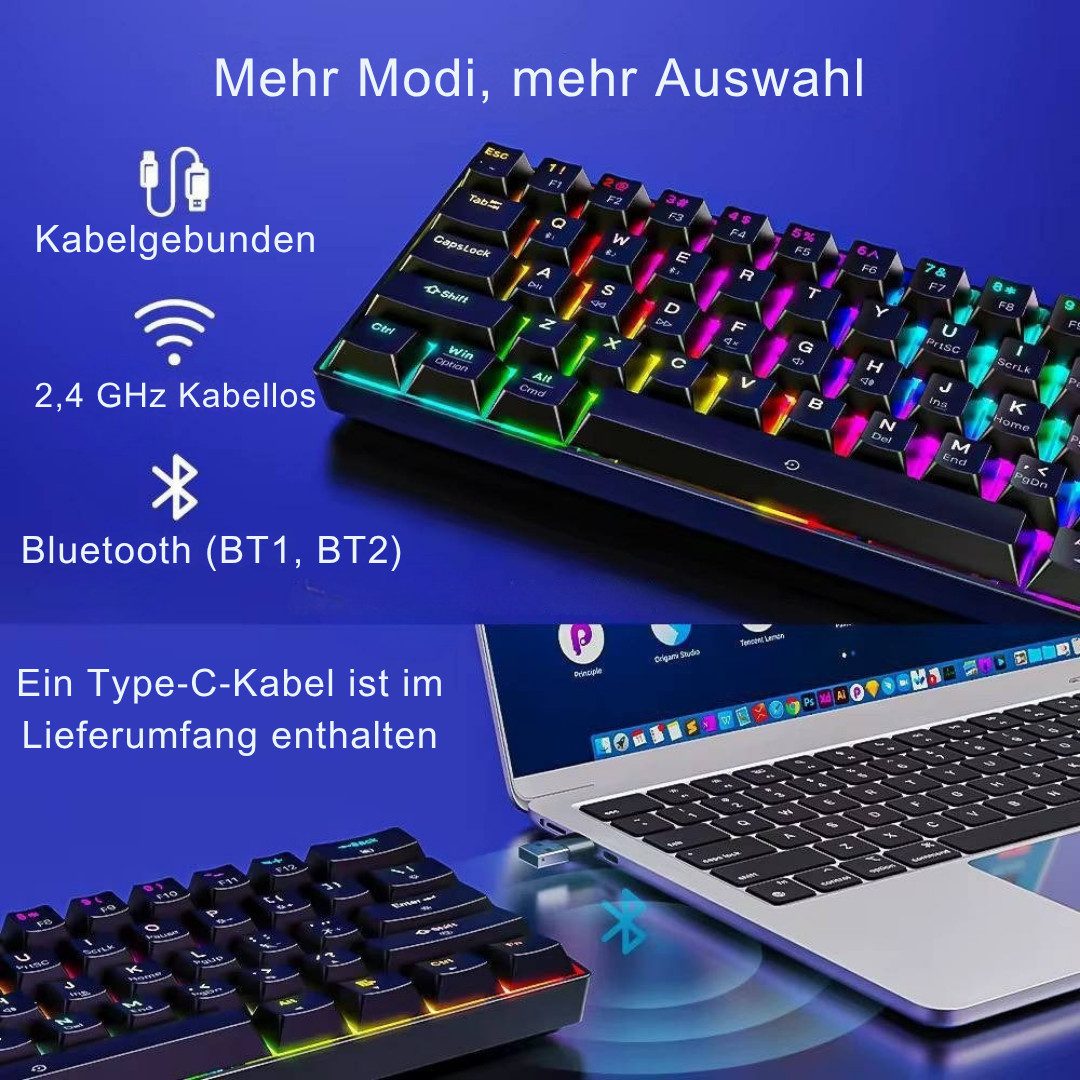 Goldstern-Tech CX23 Kompakte 61-Tasten Kabelose Gaming-Tastatur (mit 3 Verbindungsmodi, RGB, Blue Switches & Wireless)