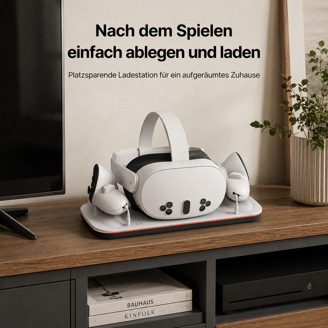 Tekoo VR Brillen-Halterung VR-Ladestation für Headset und Controller mit LED-Statusanzeige, (3-in-1 Design, Schnellladefunktion, LED-Statusanzeige, inkl. 2 Akkus)
