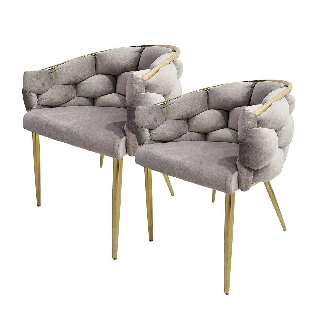 Esszimmerstuhl Design-Stuhl 2er Set Taupe/Gold - Geflochten & Gepolstert