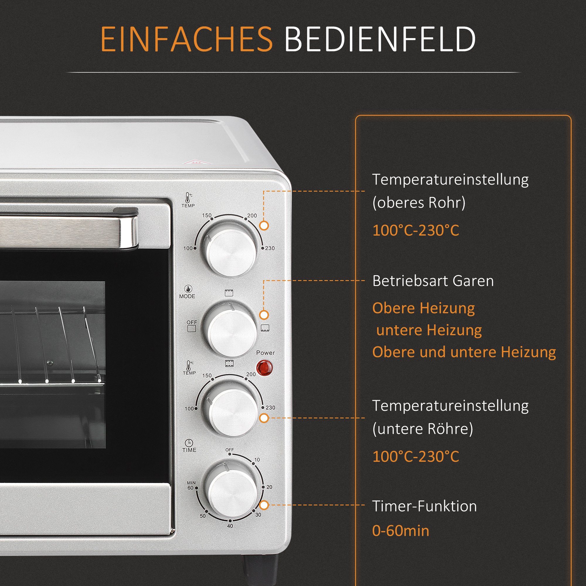 HOMCOM Minibackofen 32L Mini Ofen mit Grillrost, Backblech, 3 Kochmodi, Silber 52,2 x 38,1 x 33,5 cm