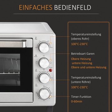 HOMCOM Minibackofen Minibackofen, 32L Elektrischer Mini Ofen Drei Stufen Silber