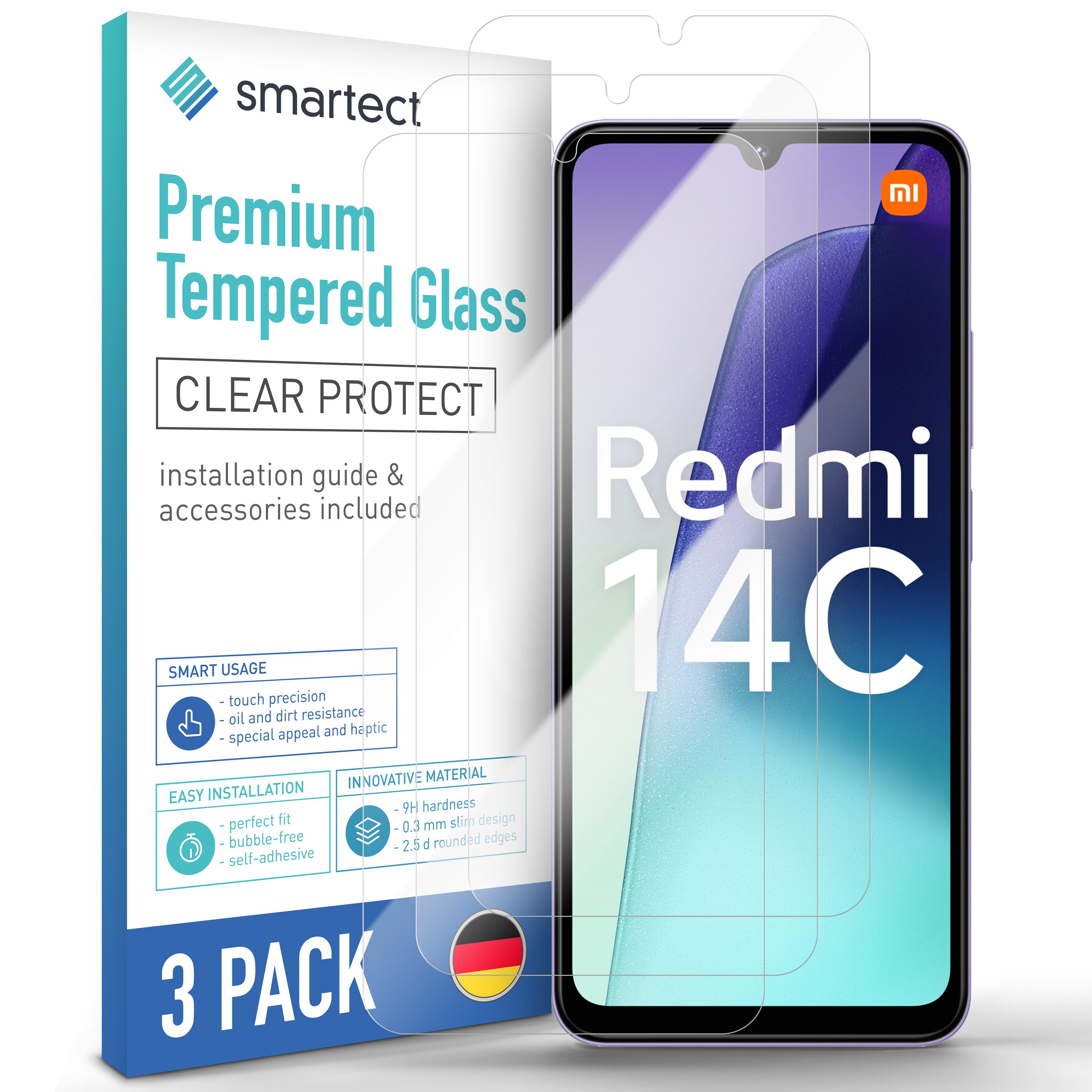 smartect Displayschutzglas 3X Schutzglas Panzerfolie Klar für Xiaomi Redmi 14c / Poco C75 für Xiaomi Redmi 14c / Poco C75, Set, 3 Stück, 0.3 mm Ultra-klar, 9H Härte, Kratzfest, Stoßfest, Blasenfrei, Oleophob