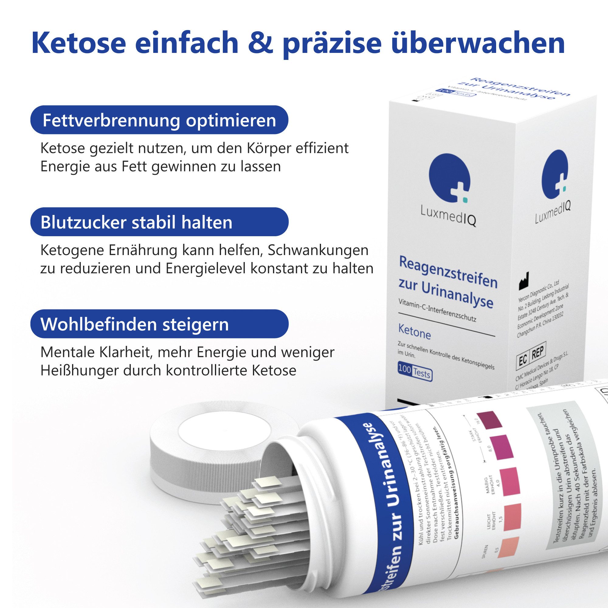 LuxmedIQ Keton-Teststreifen - präziser Keto Test im Urin, 100-St., Zur Überwachung der Ketose bei Keto Ernährung oder Diät